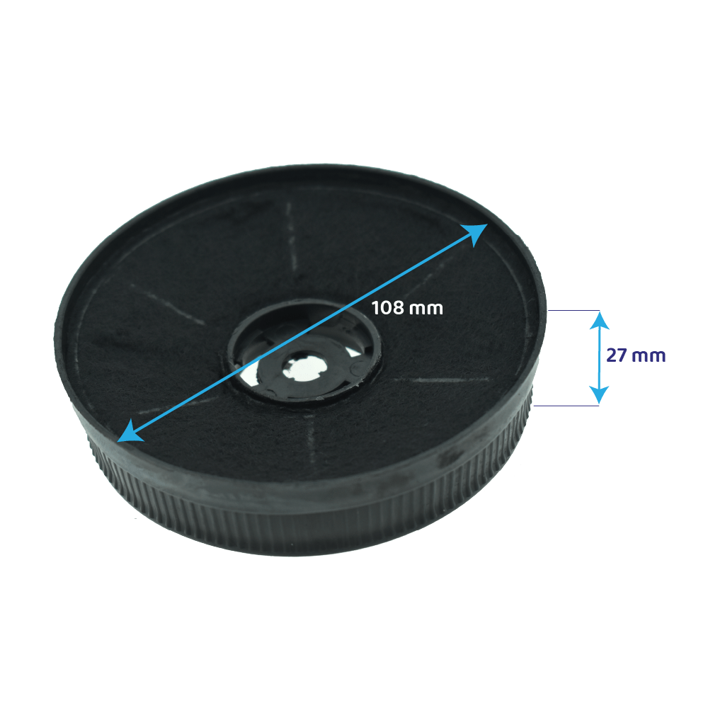 Un filtro circolare nero con dimensioni etichettate. Misura 108 mm di diametro e 27 mm di altezza. Sfondo bianco.