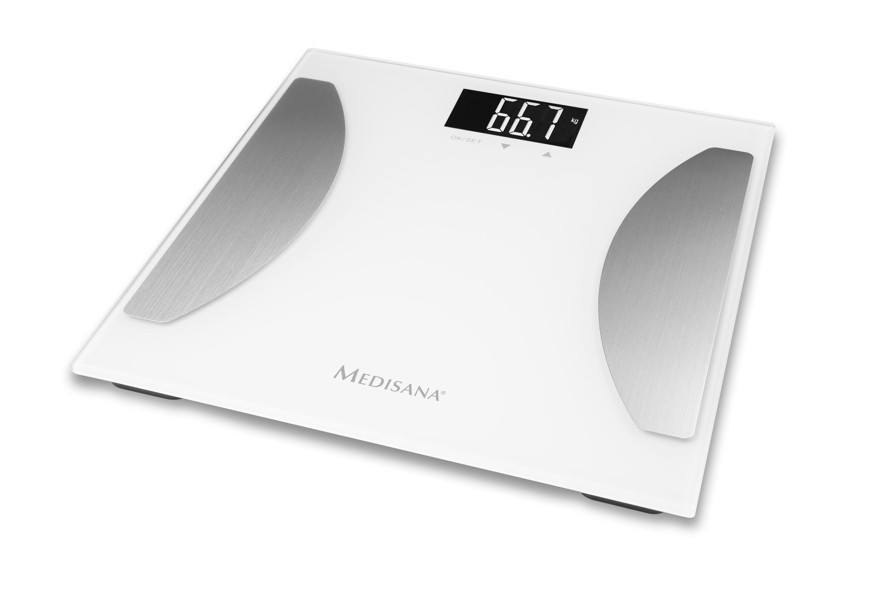 Een witte digitale badkamerweegschaal geeft 66,7 kg weer. Het heeft zilveren accenten en de merknaam Medisana.