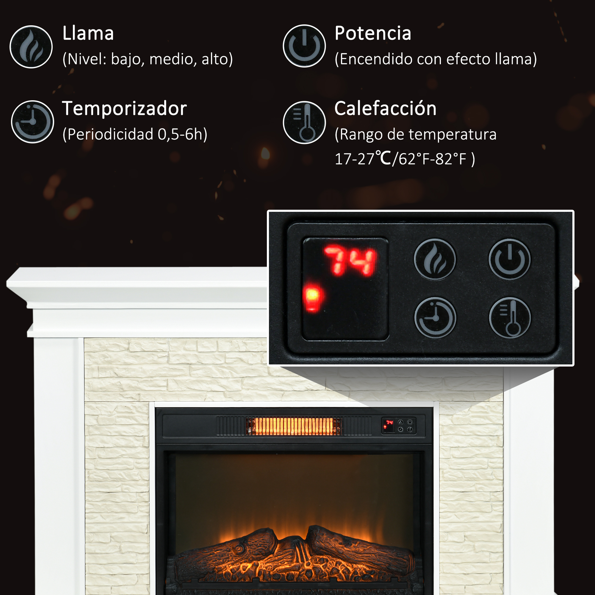 Una chimenea con panel de control que muestra 74 grados, llama, encendido, temporizador y ajustes de calefacción, fachada de ladrillo.