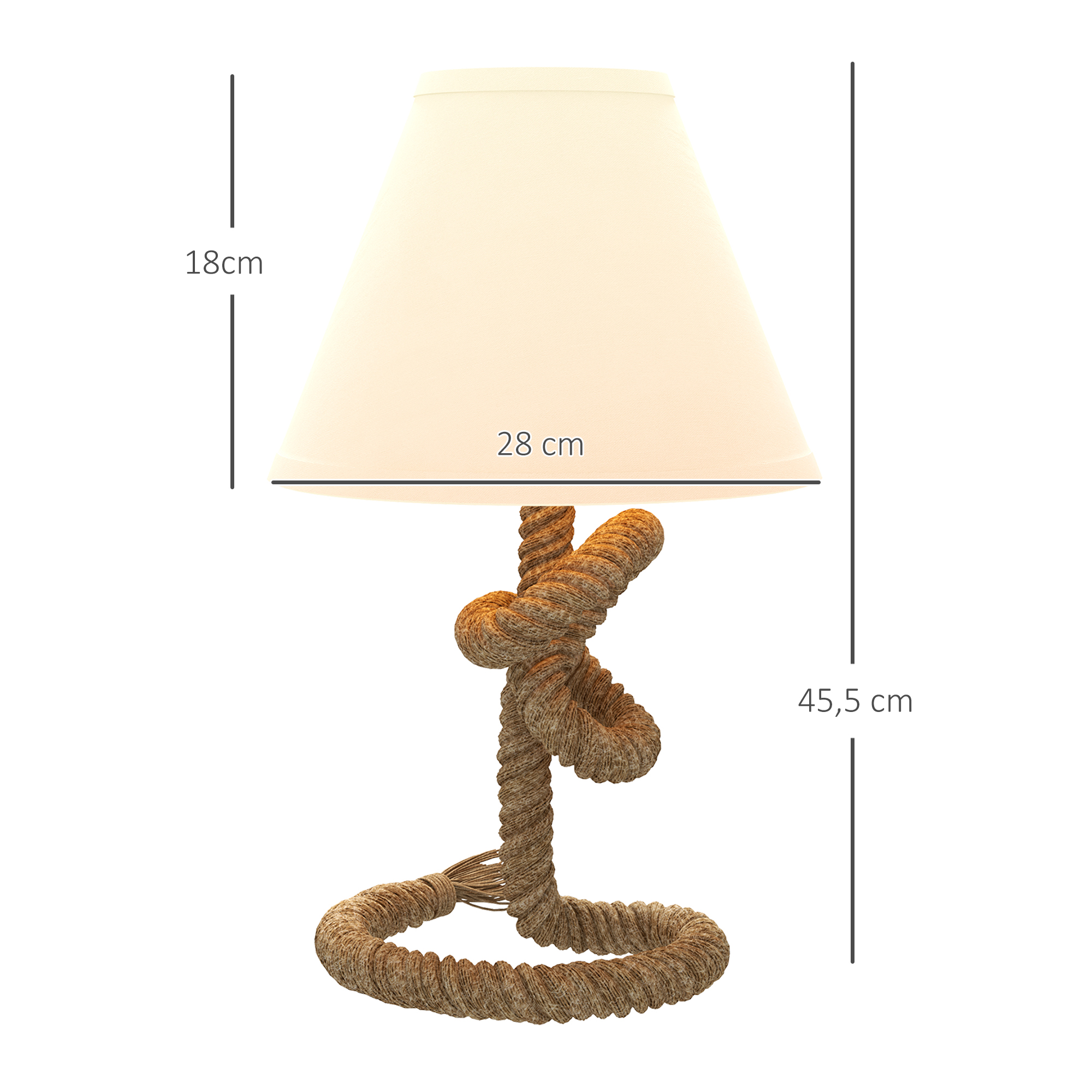 Una pantalla beige se encuentra sobre una base de lámpara estilo cuerda. La lámpara mide 45,5 cm de alto, la pantalla 18 cm y 28 cm de ancho.