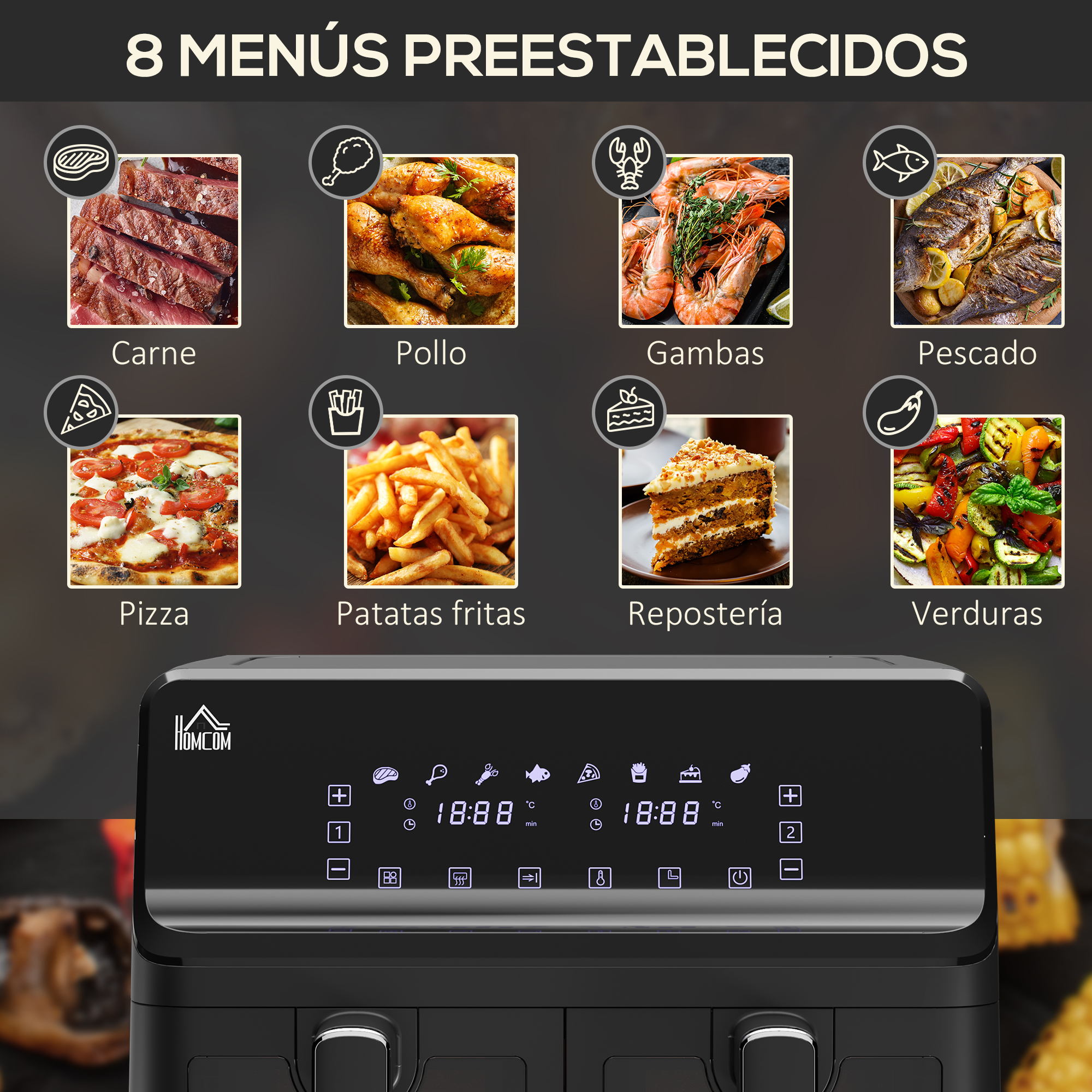 Una freidora de aire con 8 menús preestablecidos: carne, pollo, camarones, pescado, pizza, papas fritas, pastel y verduras. Abajo, una freidora negra.