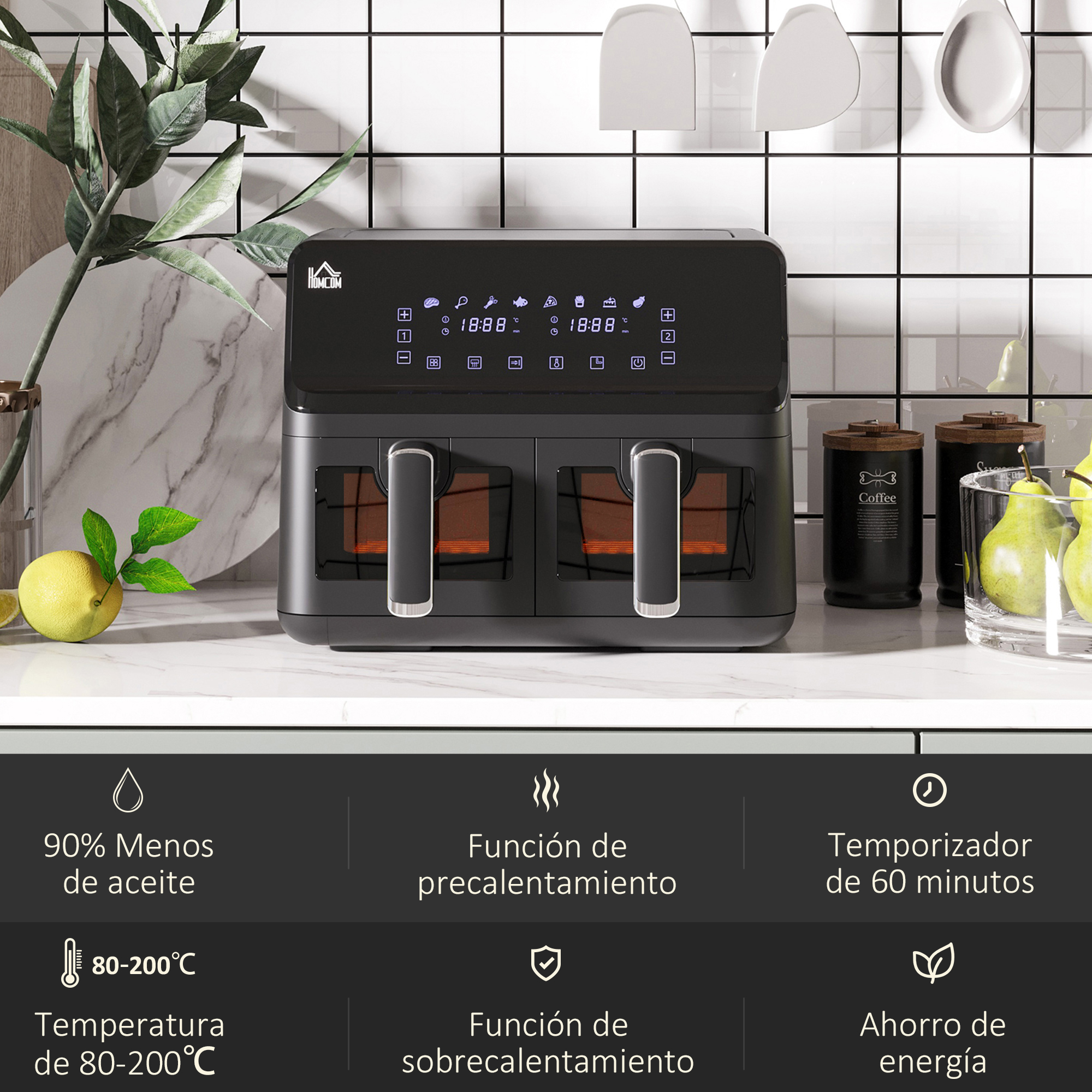 Freidora de aire negra con dos compartimentos, pantalla digital y asas plateadas. Fruta y tarros de café.