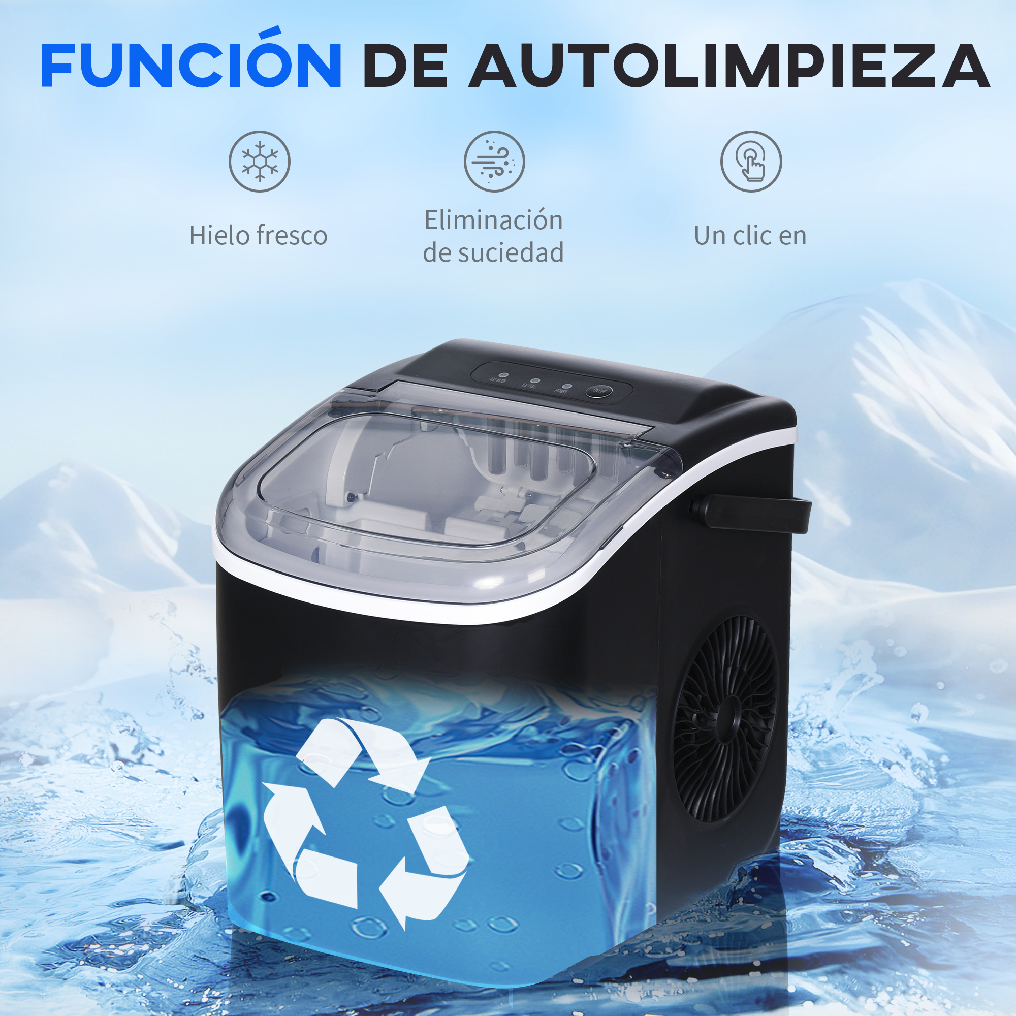 Una máquina de hielo con función de autolimpieza. Texto: hielo fresco, eliminación de suciedad, un clic. Agua azul y símbolo de reciclaje.