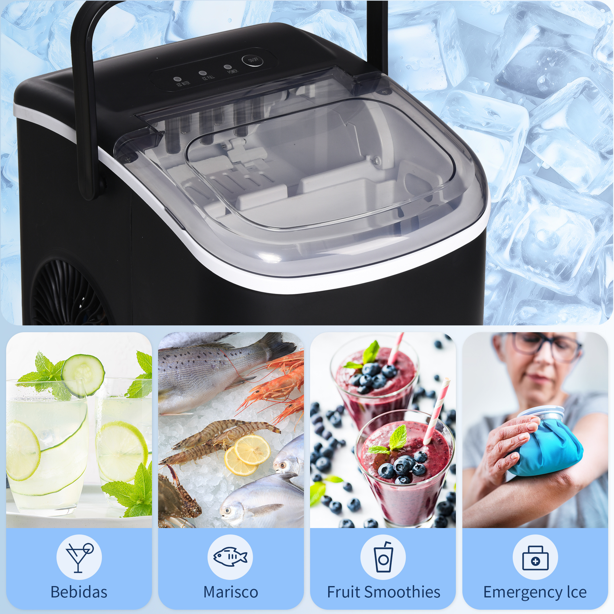 Máquina de hielo negra con asa. Abajo, se presentan bebidas, mariscos, batidos y compresas de hielo de emergencia.