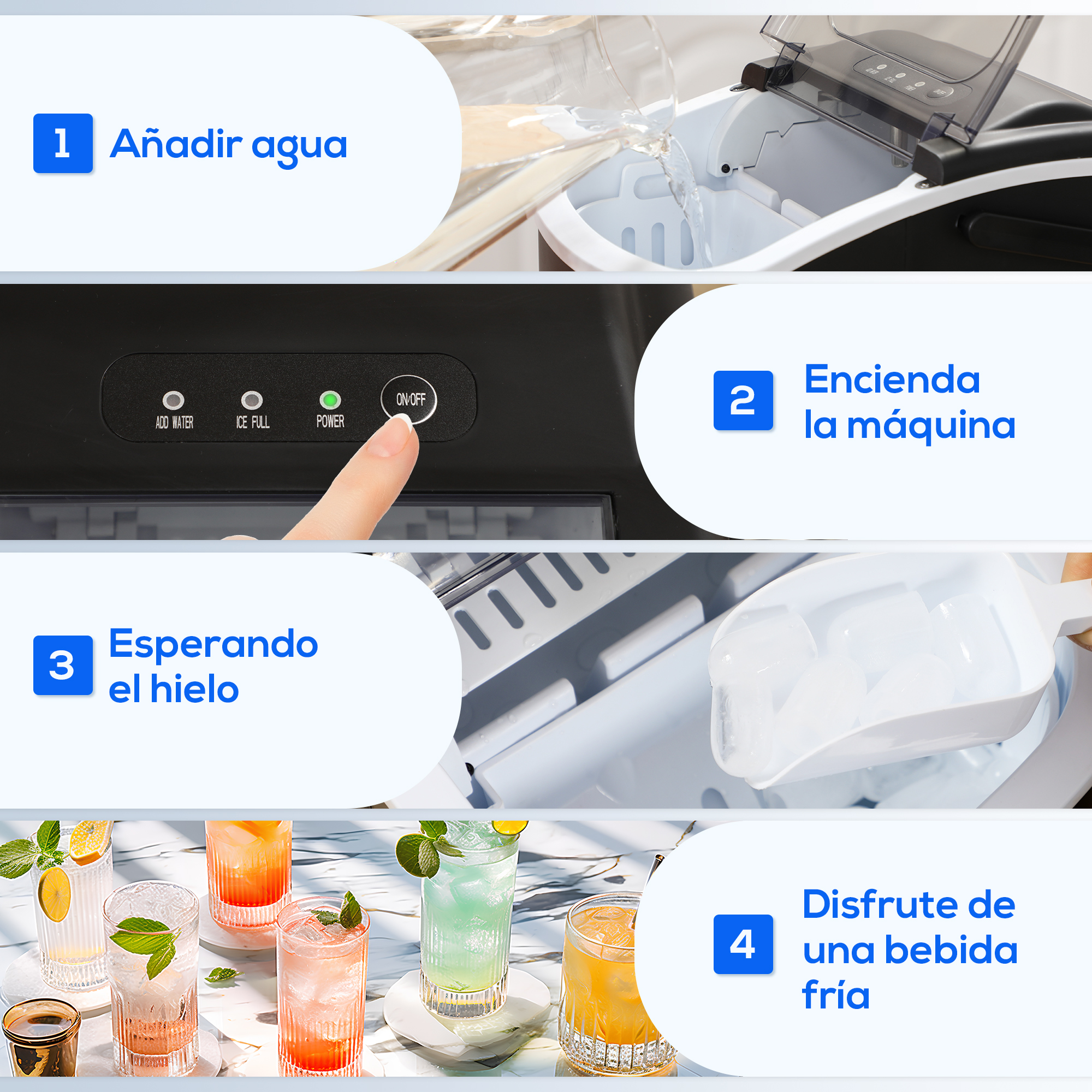Una imagen instructiva muestra los pasos de una máquina de hielo: añadir agua, encenderla, esperar hielo y disfrutar bebidas frías.