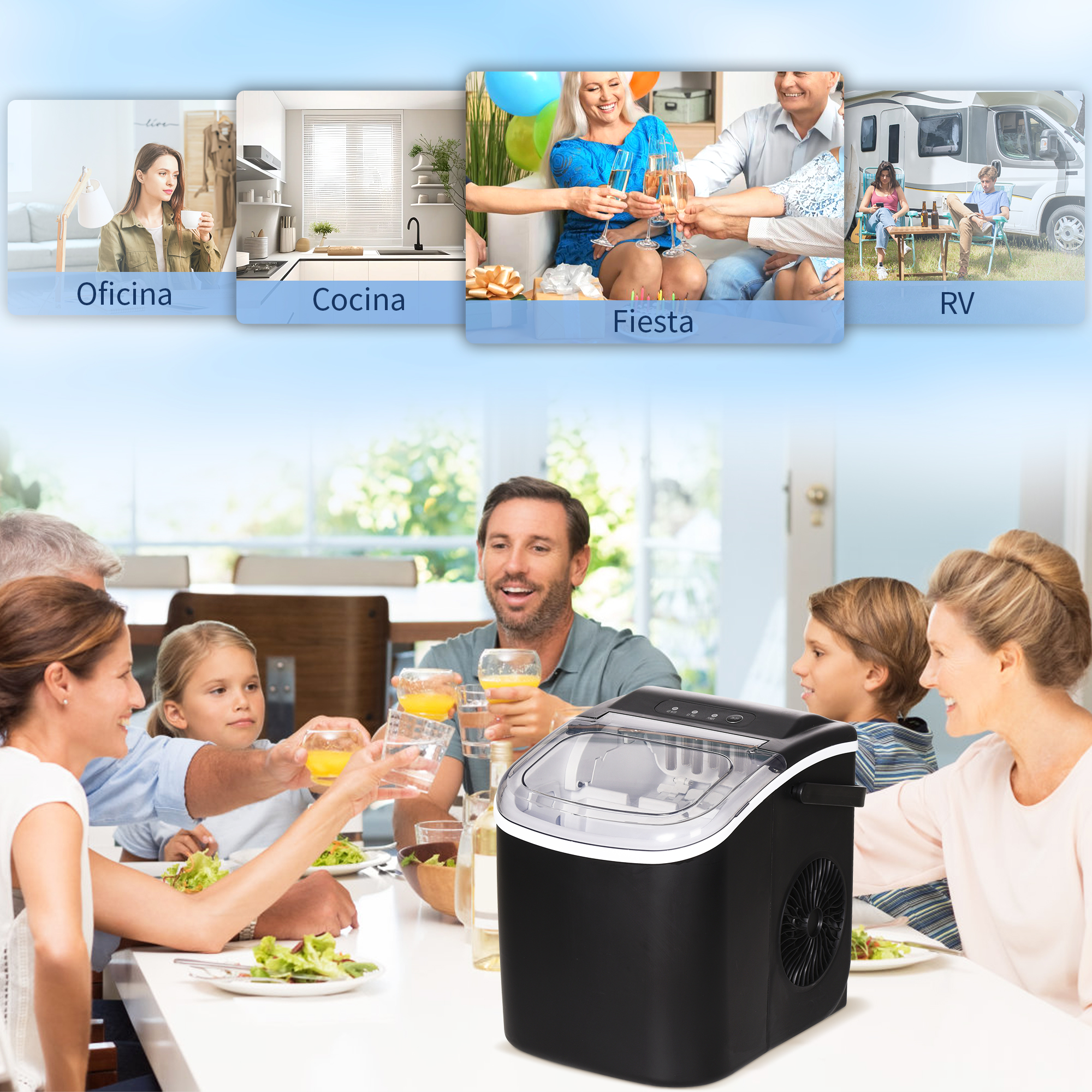 Gente brindando con bebidas alrededor de una mesa, máquina de hielo en primer plano. Subimágenes: oficina, cocina, fiesta, RV.