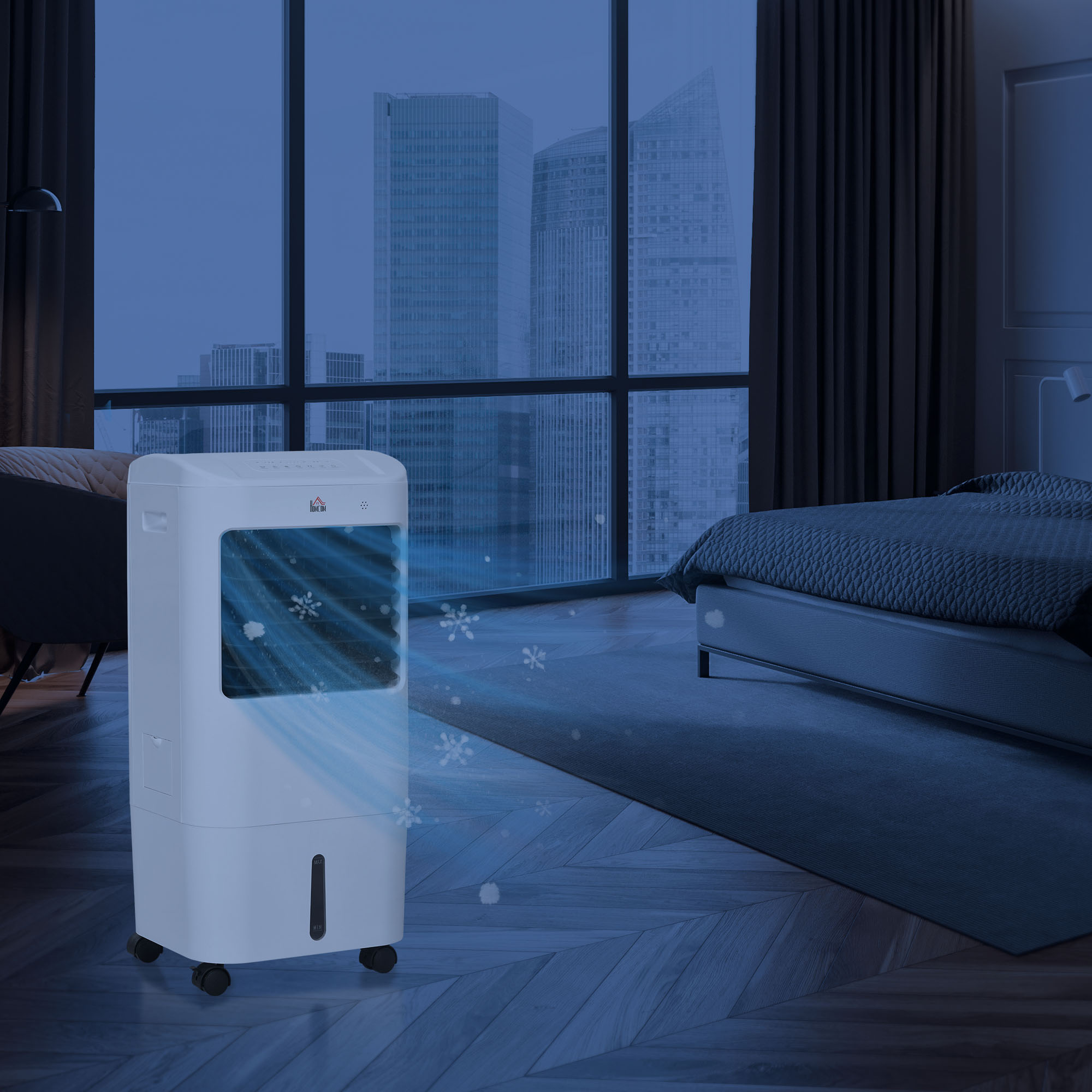 Enfriador de aire blanco en una habitación con cama y vista de la ciudad. Sale aire frío con copos de nieve.