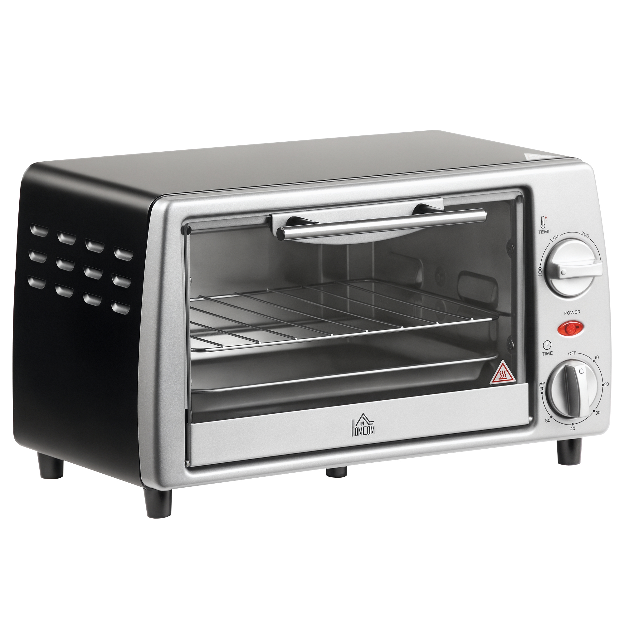 Un tostapane forno argentato e nero. Ha manopole per la temperatura e il tempo. La porta è trasparente per vedere all'interno.