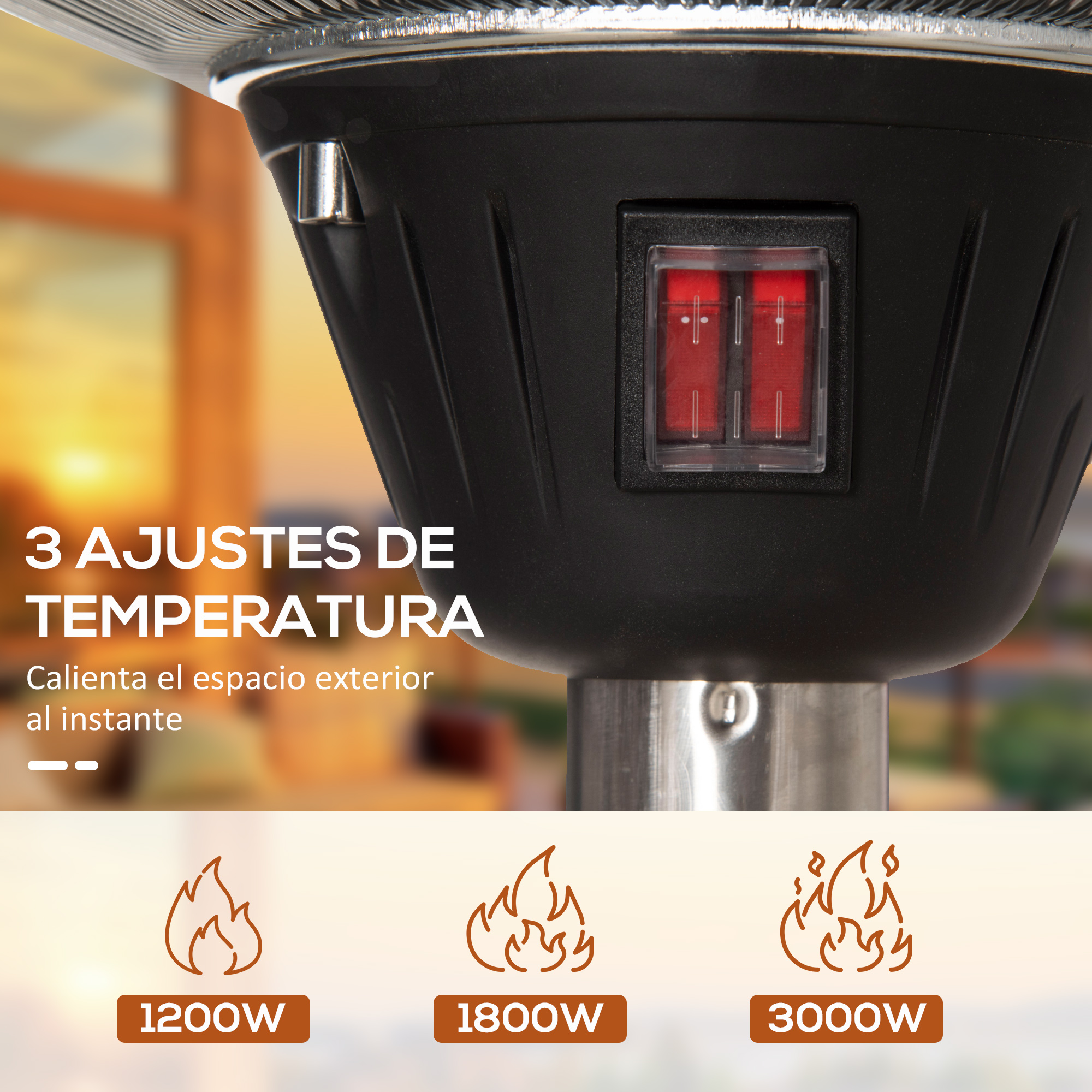 Primer plano de un calefactor de patio negro con interruptores rojos. Texto: 3 ajustes de temperatura, calienta el espacio al instante.