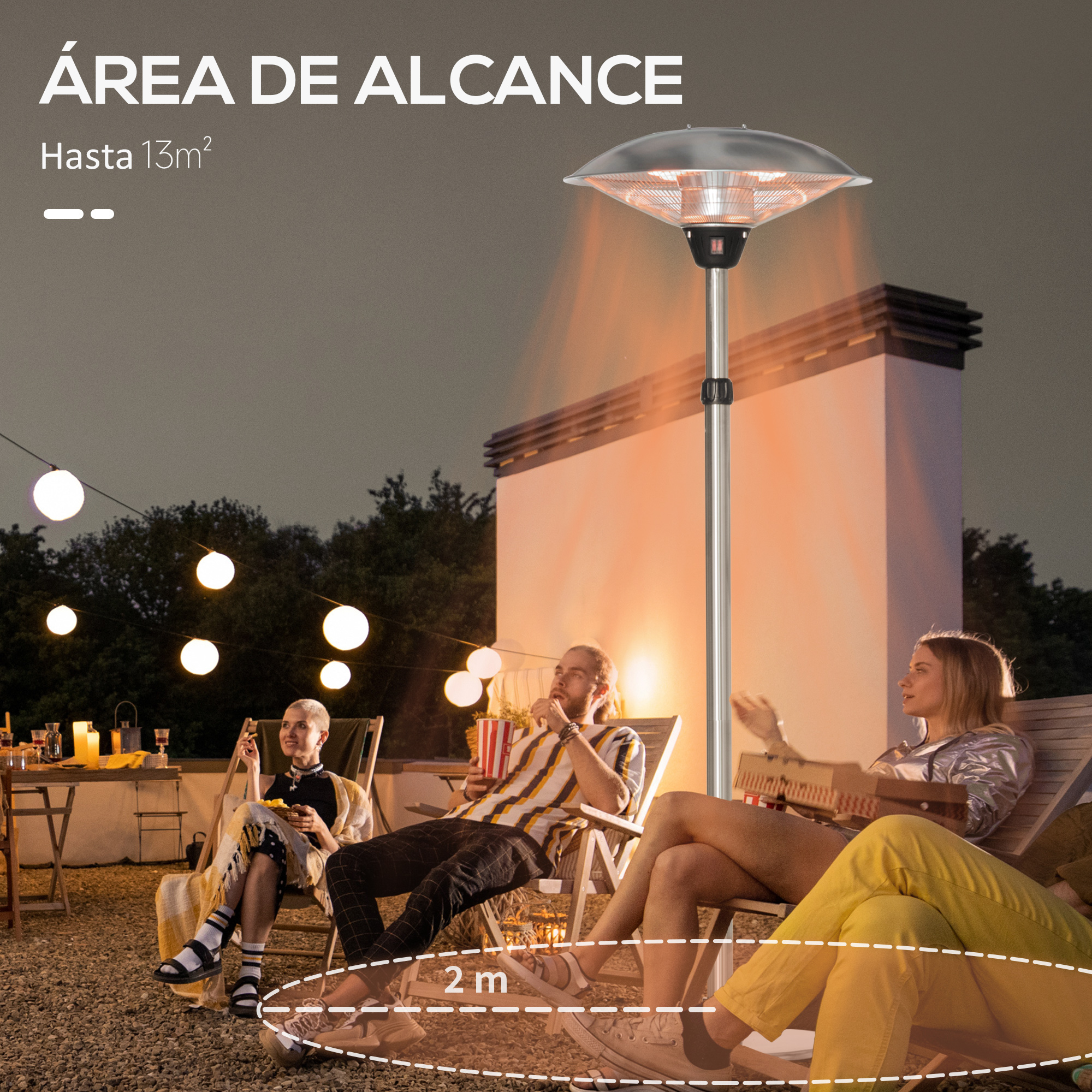 Un grupo de personas está sentado alrededor de un calentador de patio. Las luces de cadena iluminan la escena.