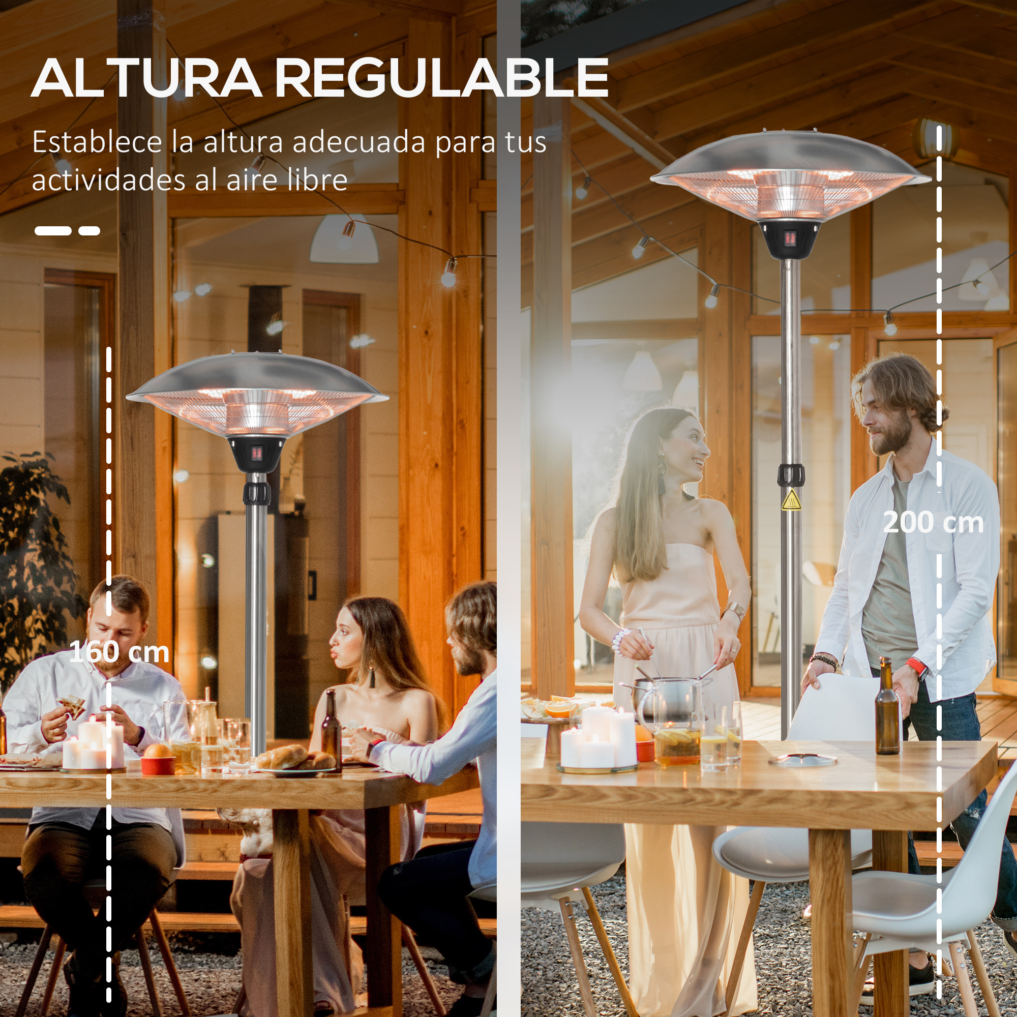 Escena al aire libre: Gente alrededor de una mesa con un calentador. Altura ajustable con medidas.
