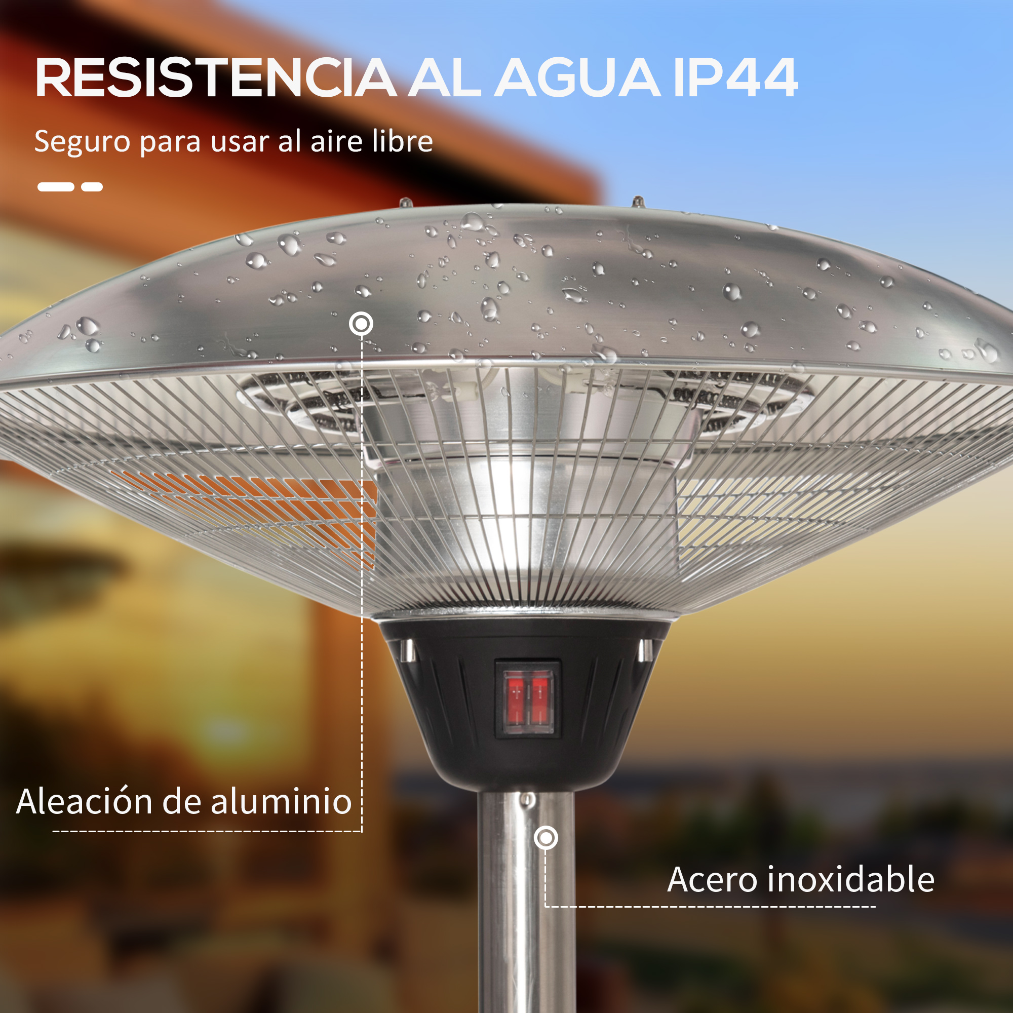Primer plano de un calefactor de patio con gotas de agua. Tiene un cuerpo de acero inoxidable y una base negra con interruptores rojos.