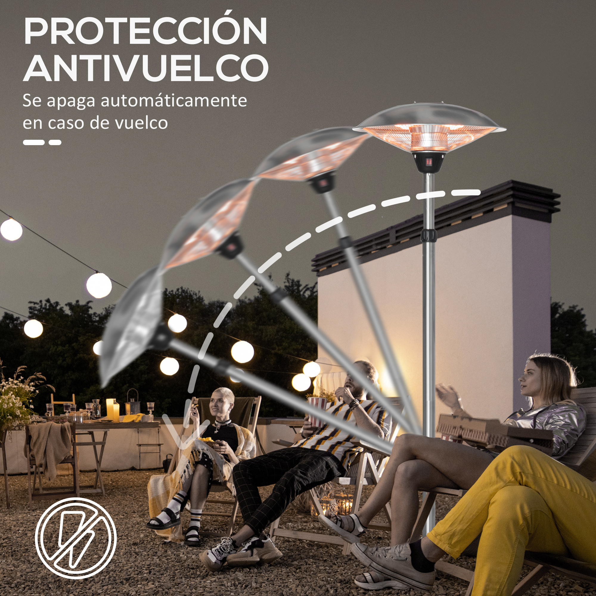 Personas sentadas alrededor de un calefactor de patio. Un diagrama muestra la inclinación del calefactor. Texto dice que se apaga solo.