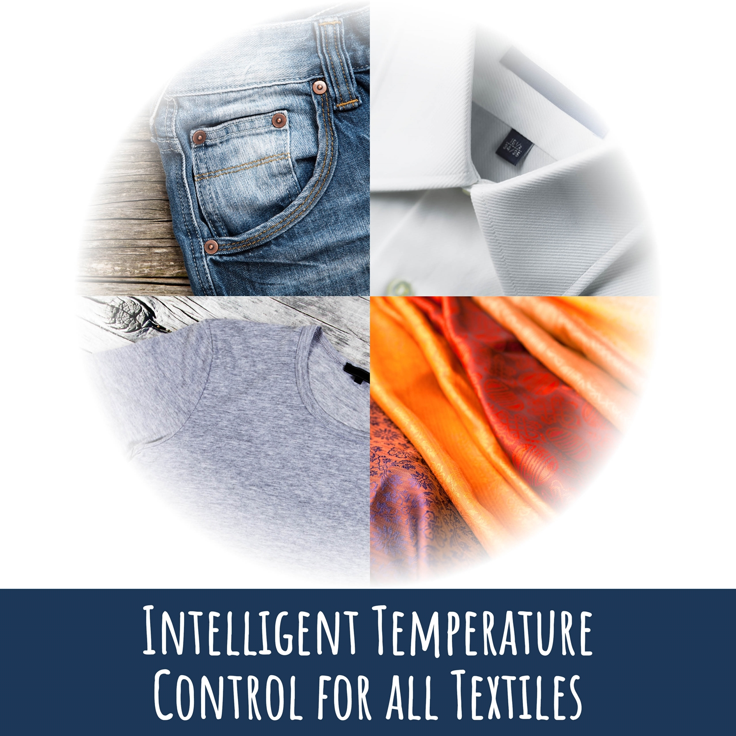 Das Bild zeigt vier Stoffmuster: Jeans, weißer Hemdkragen, graues T-Shirt und orangefarbene Seide. Text: Intelligente Temperaturregelung.