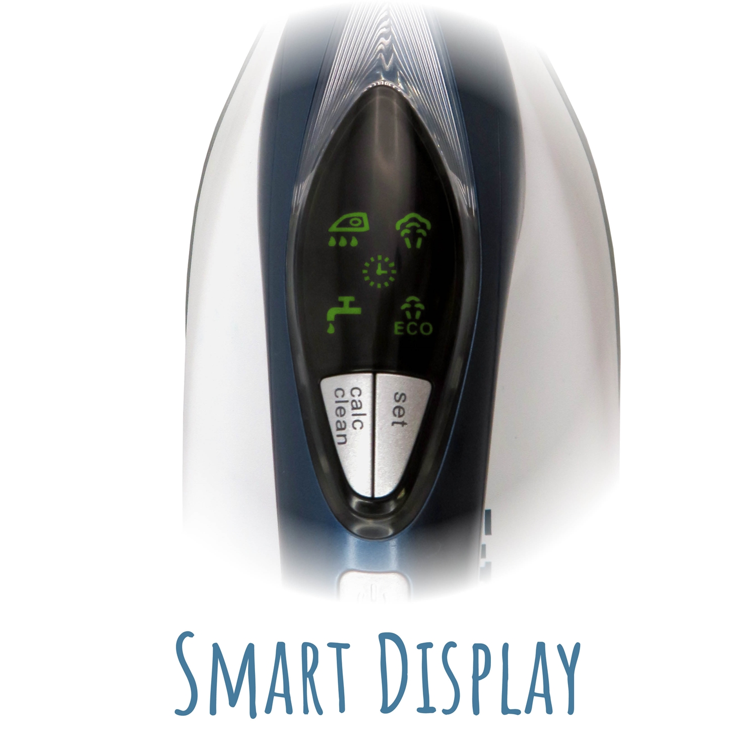 Nahaufnahme eines Smart-Bügeleisendisplays. Es zeigt grüne Symbole und weißen Text. Reinigungs- und Einstellungstasten sind sichtbar.