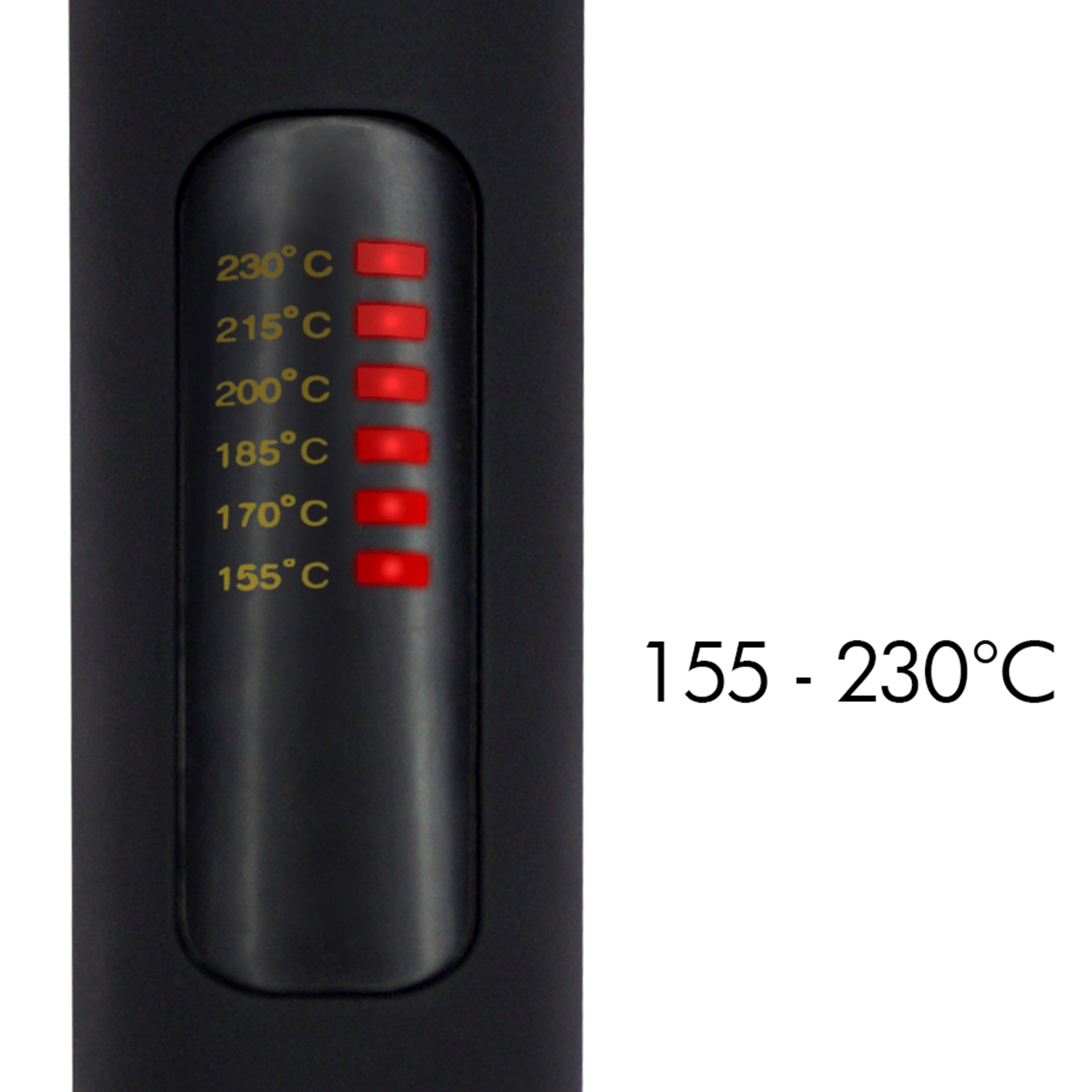 Schwarzes Geräte-Temperaturdisplay, zeigt 155 bis 230 Grad Celsius an. Rote Lichter zeigen die aktuellen Temperatureinstellungen an. Weißer Hintergrund.