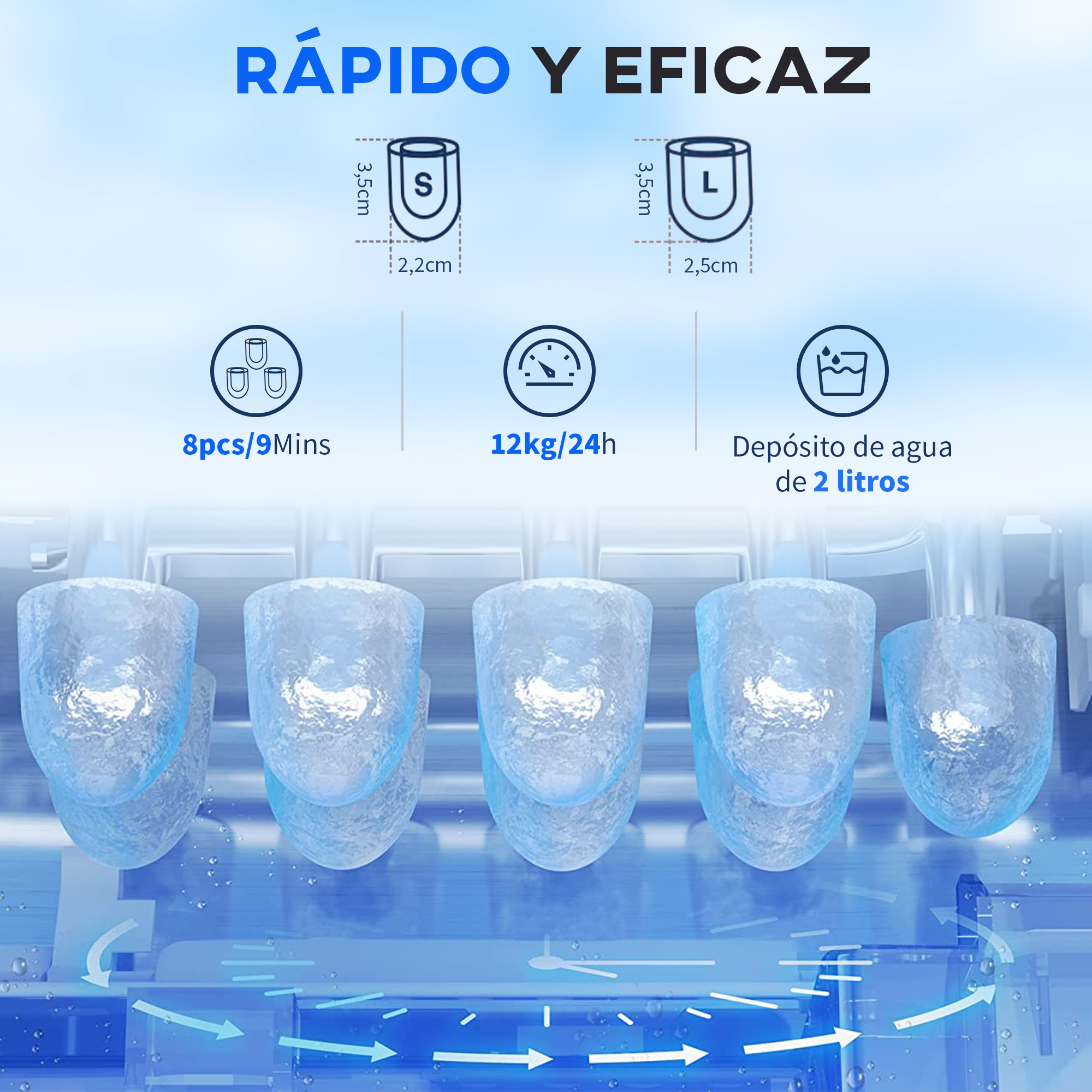 La imagen muestra las características de la máquina de hielo. Incluye formas de hielo, dimensiones, tasas de producción y capacidad del depósito.