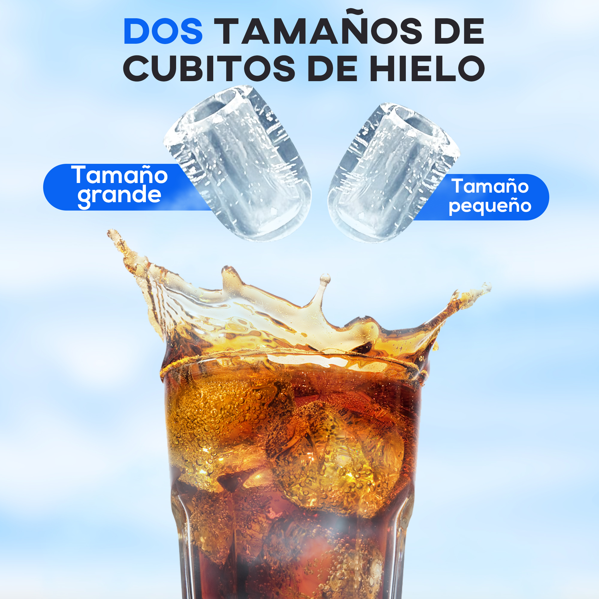Dos cubitos de hielo sobre un vaso de cola con hielo. Texto dice 'Dos tamaños de cubitos de hielo'.