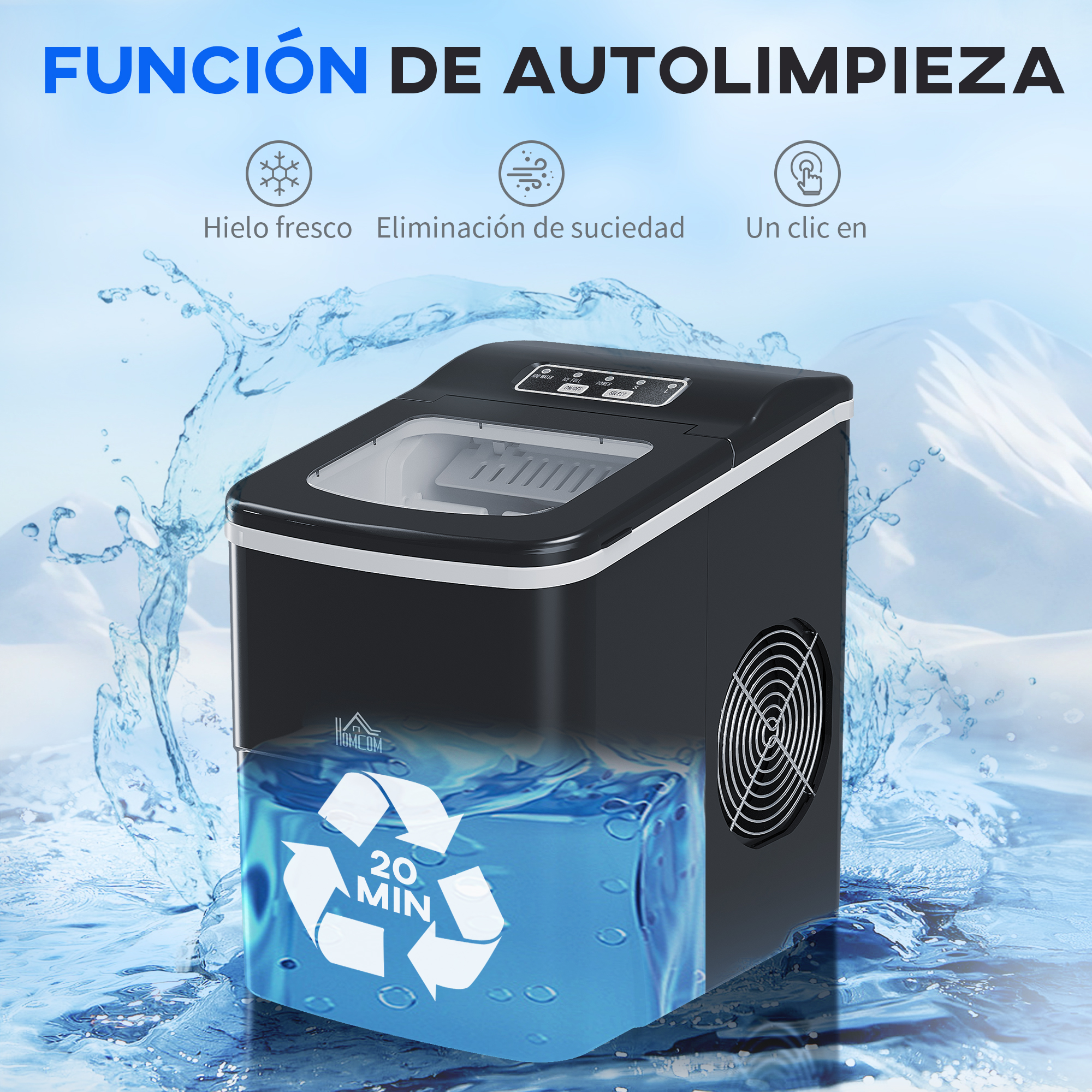 Máquina de hielo negra con texto 'FUNCIÓN DE AUTOLIMPIEZA'. Muestra hielo fresco, eliminación de suciedad y limpieza.
