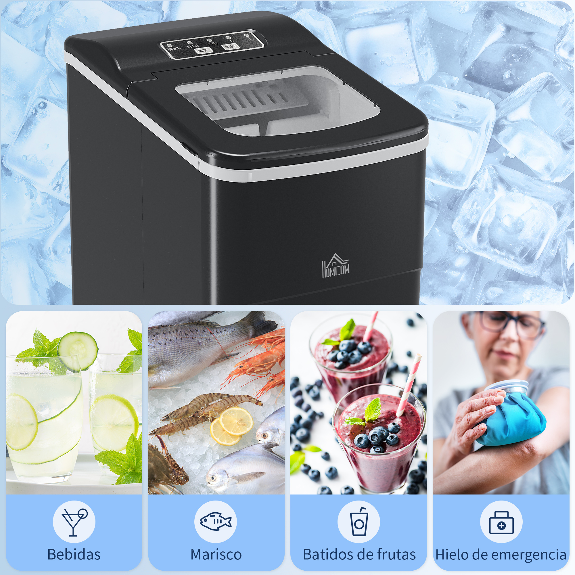 Una máquina de hielo y cuatro imágenes: bebidas, mariscos, batidos y una compresa de hielo en un brazo, con etiquetas en español.