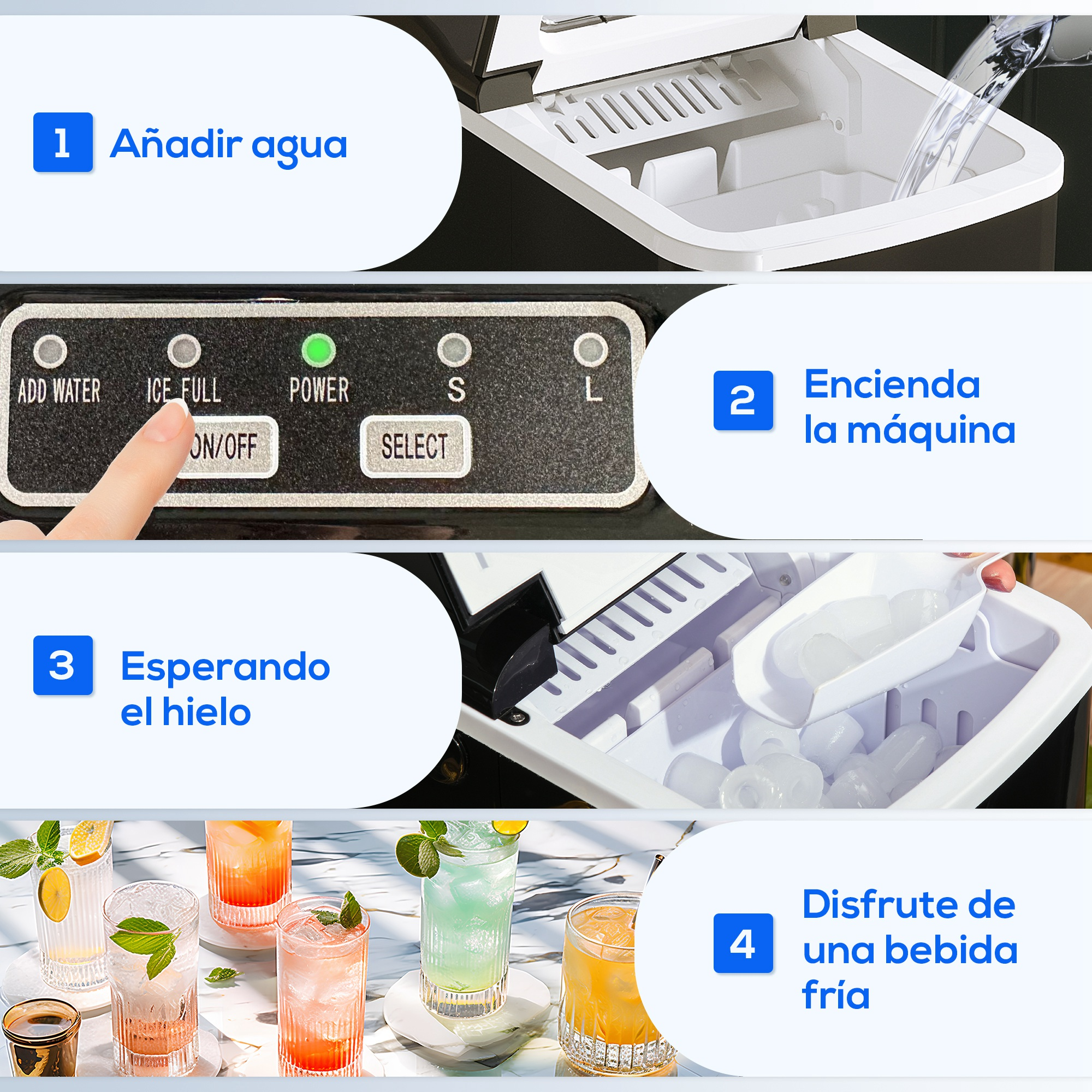 Pasos para usar una máquina de hacer hielo: agregar agua, encender, esperar hielo y disfrutar de bebidas frías. La imagen muestra los pasos.
