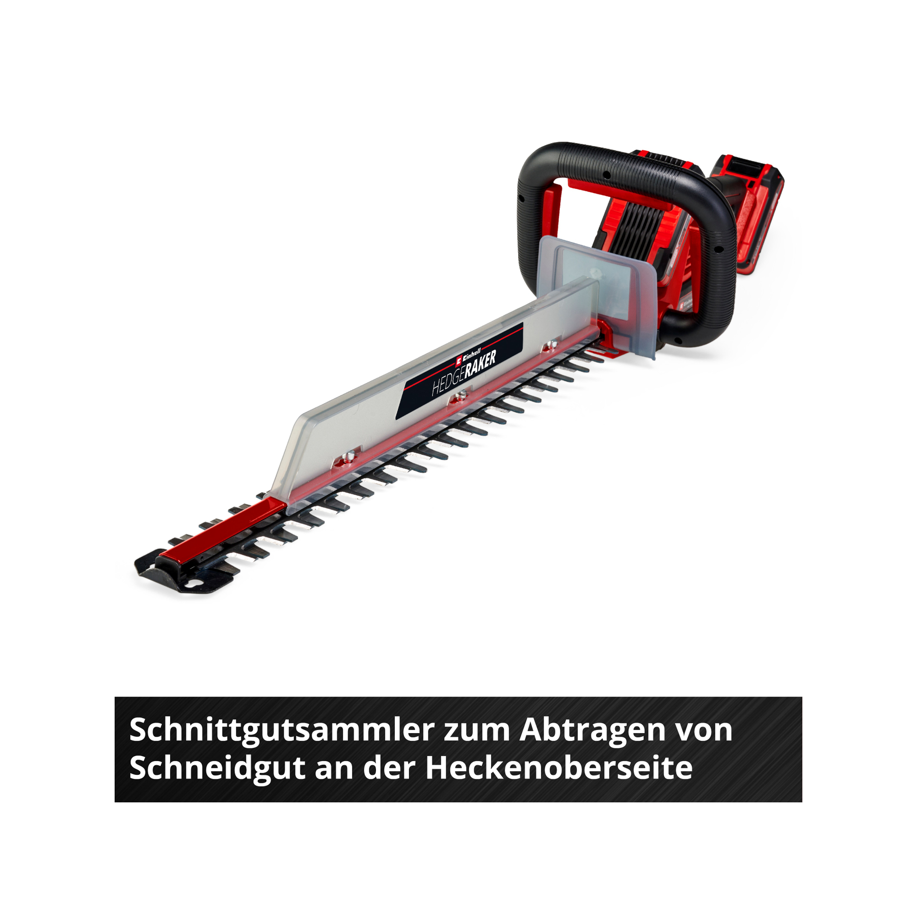 Czerwono-czarne nożyce do żywopłotu z widocznym napisem HEDGE RAKER. Trymer na białym tle.