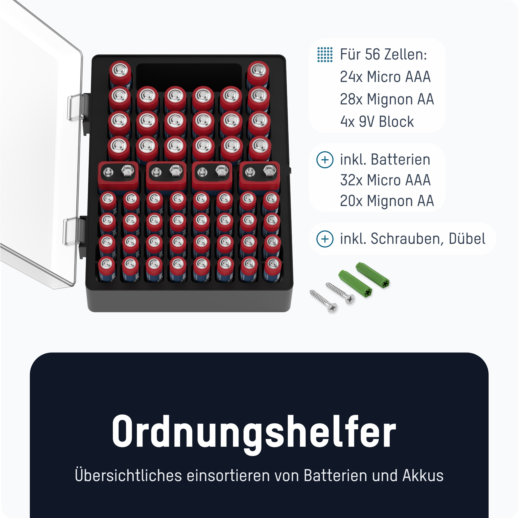 Batterie-Organizer mit Batterien. Text: 24x Micro AAA, 28x Mignon AA, 4x 9V Block.