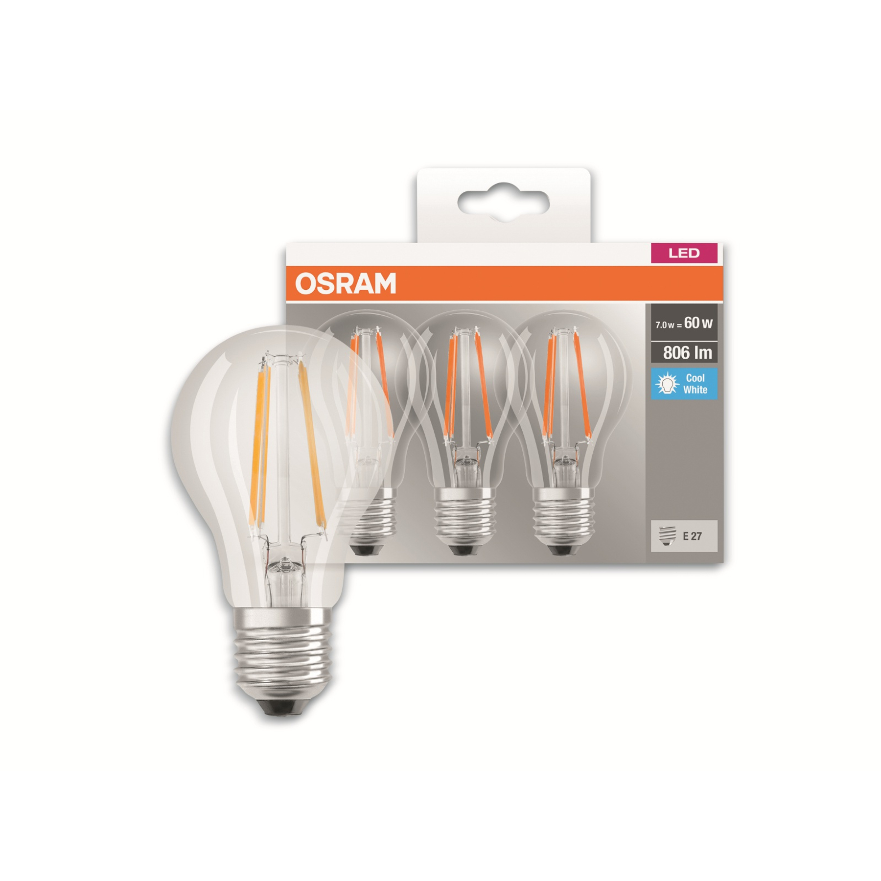 Opakowanie żarówek LED OSRAM z trzema widocznymi żarówkami. Żarówki są przezroczyste, z pomarańczowymi włóknami i oznaczone jako 7,0 W = 60 W.