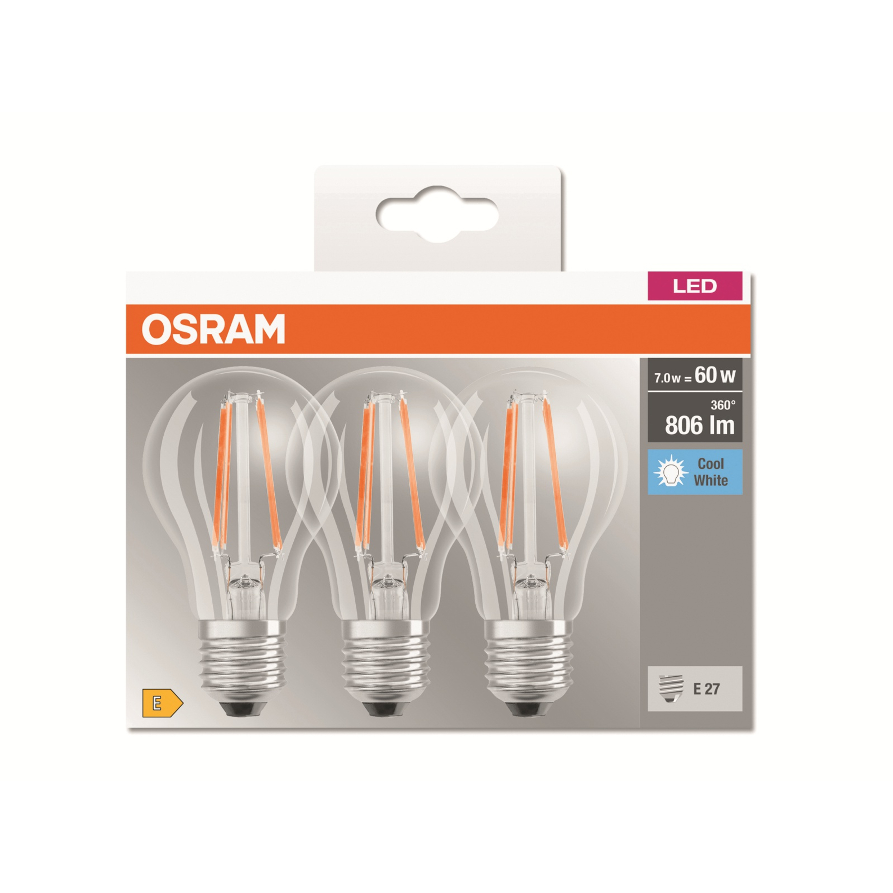 Opakowanie trzech żarówek LED OSRAM. Opakowanie jest biało-pomarańczowe. Żarówki są widoczne.