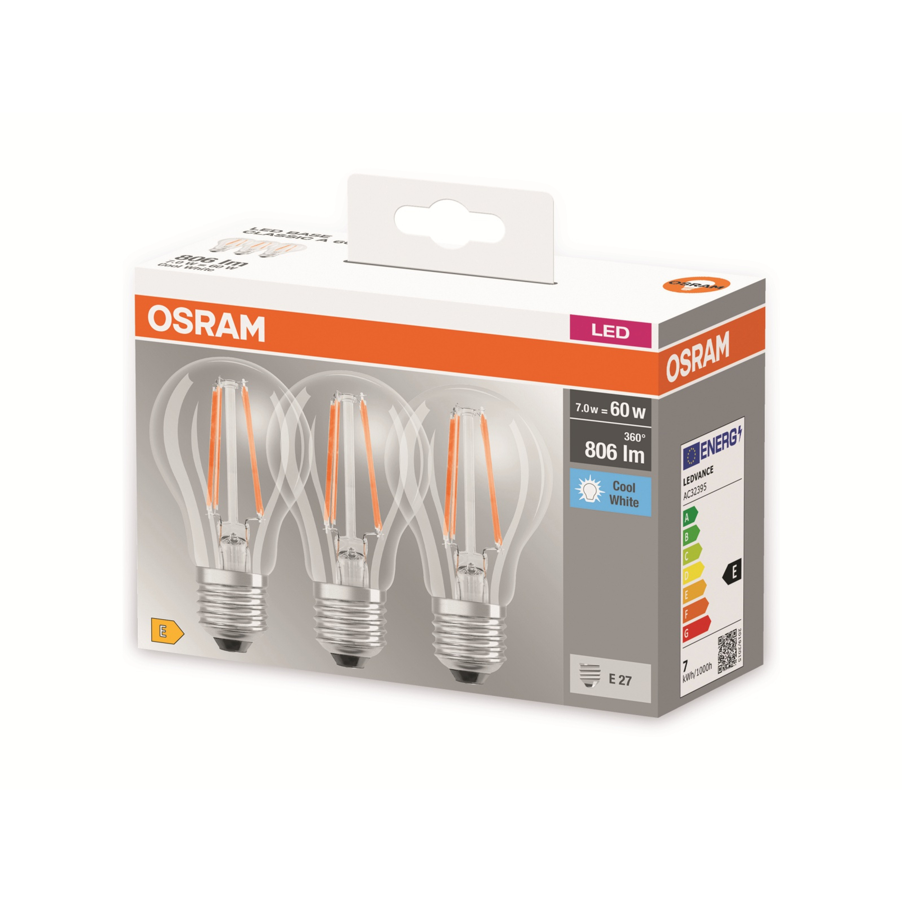 Pudełko żarówek LED OSRAM. Widoczne są trzy żarówki. Na pudełku szczegóły efektywności energetycznej i marka.