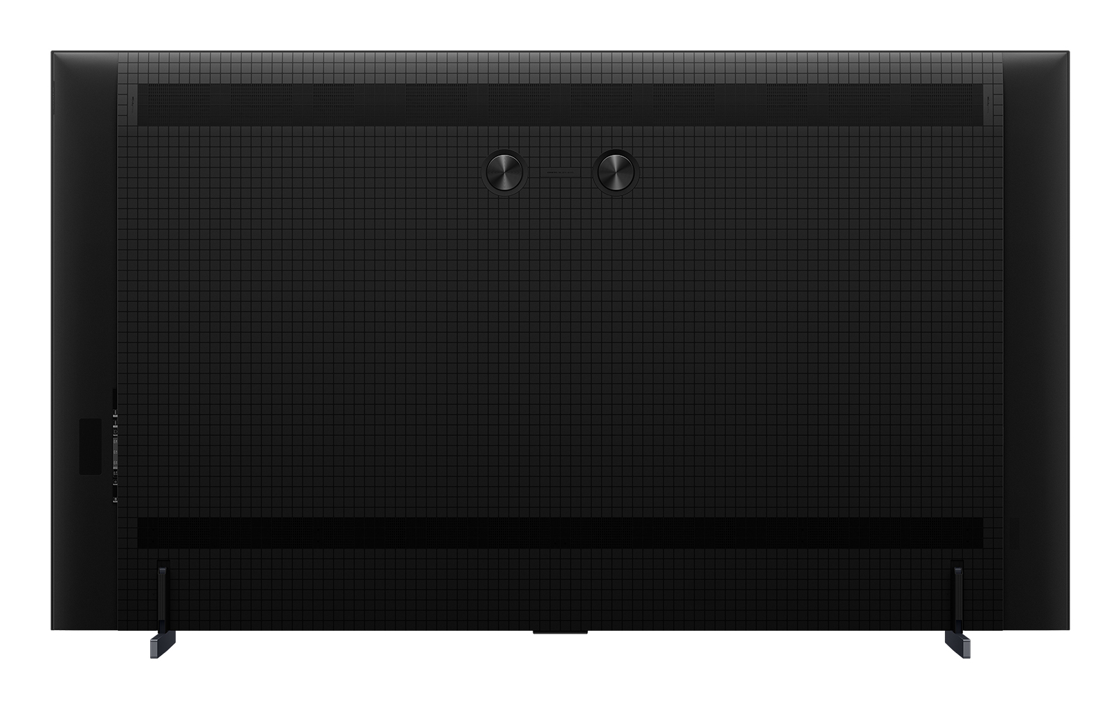 Widok z tyłu czarnego telewizora. Ma teksturę w kratkę. Dwa srebrne przyciski są widoczne u góry, wraz ze stojakami.