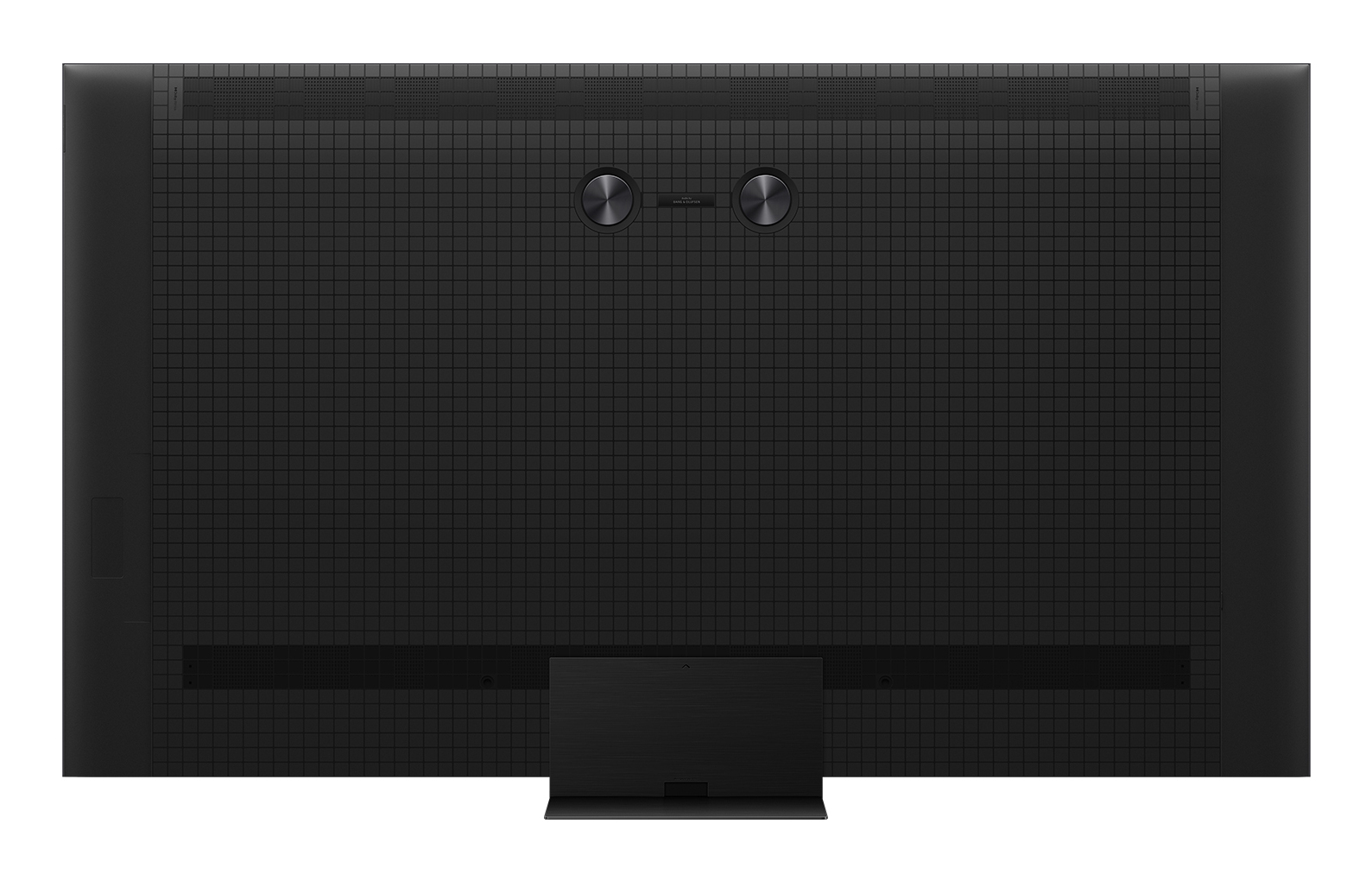 Widok z tyłu czarnego telewizora. Ma teksturę w kratkę, dwa okrągłe elementy i podstawę.