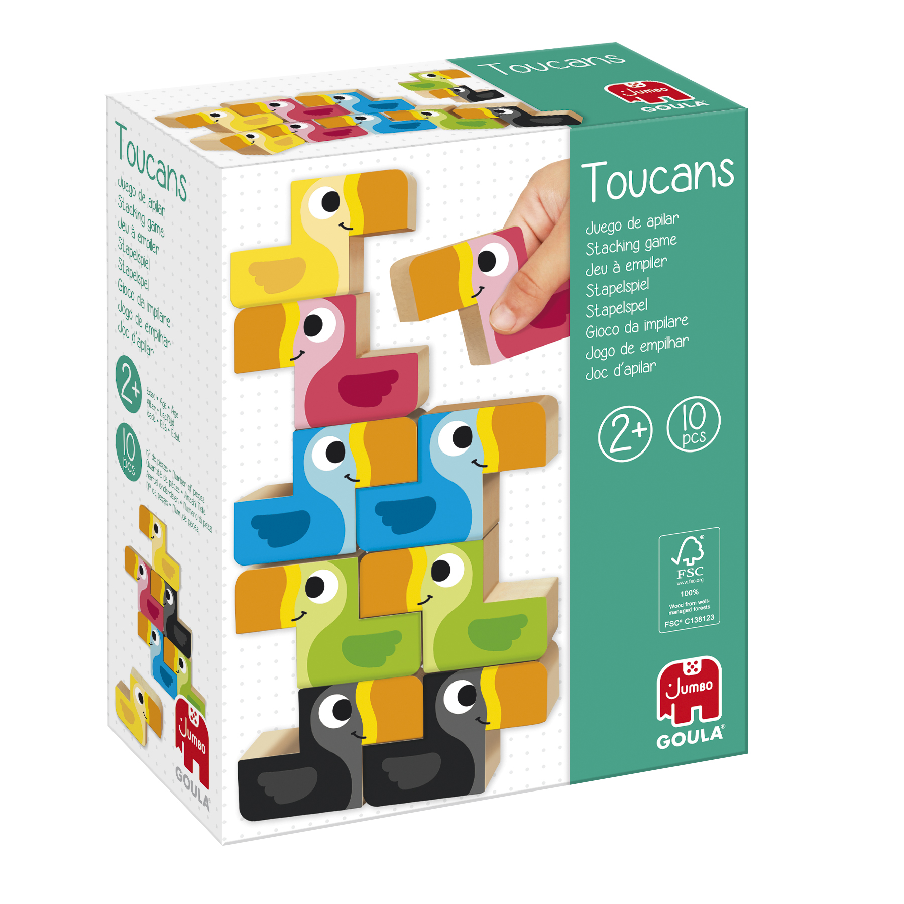 Un juego de apilar tucanes de colores. La caja muestra bloques de tucanes, una mano colocando uno. Varios idiomas en la caja.