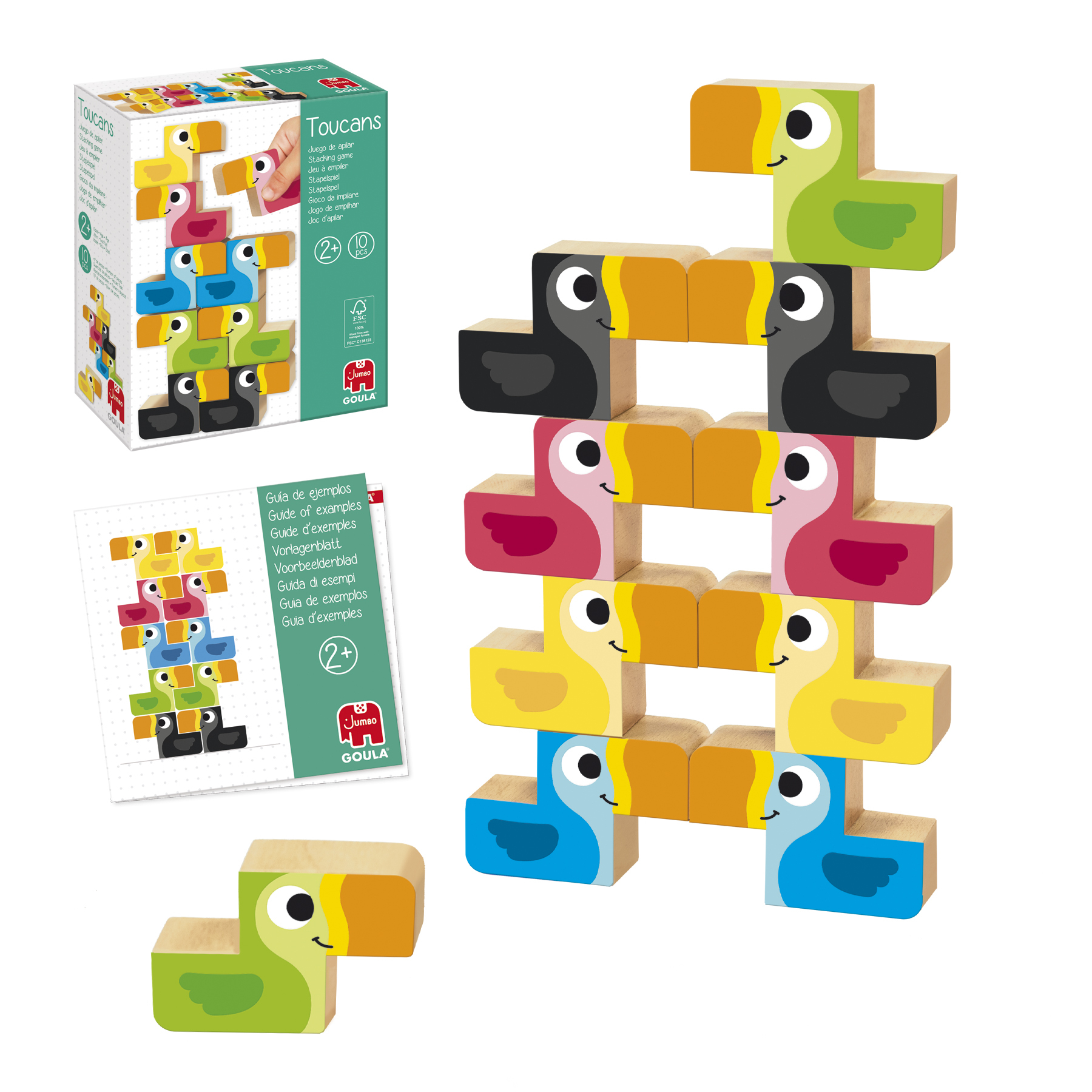 Juego de apilar tucanes de madera. Bloques coloridos forman tucanes. Caja y guía de ejemplo visibles. Incluye verde, azul y rosa.