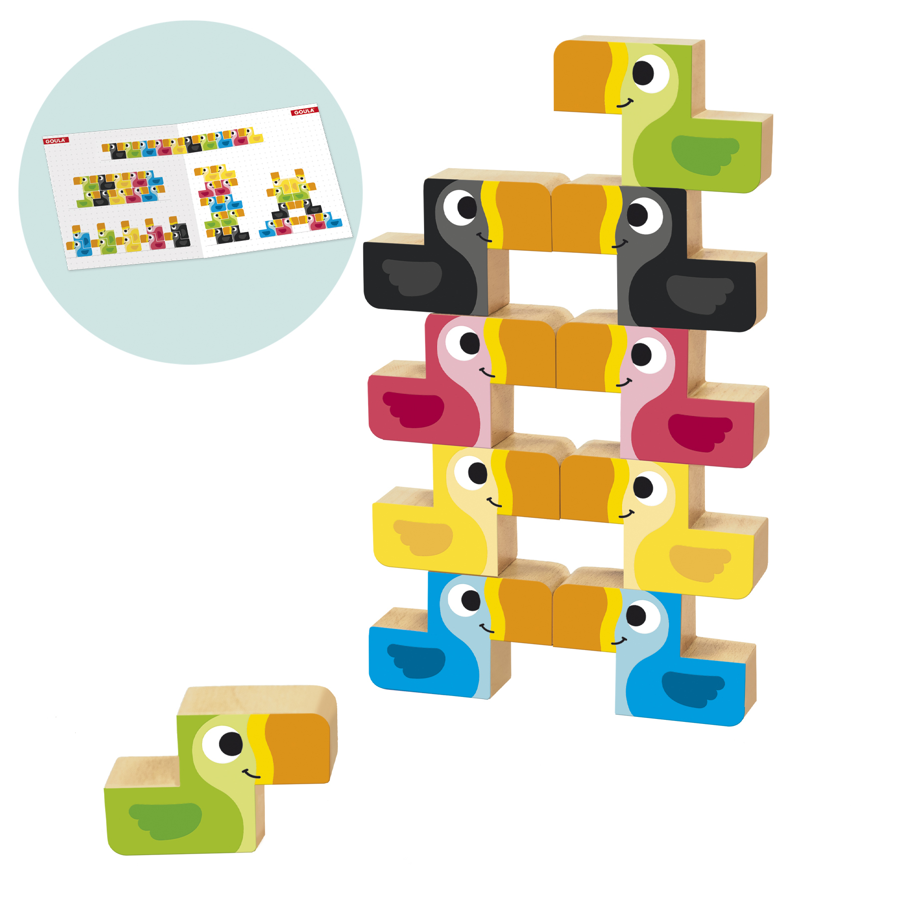 Una torre de bloques de pájaros de madera de varios colores. Una tarjeta con ejemplos de arreglos en el fondo.