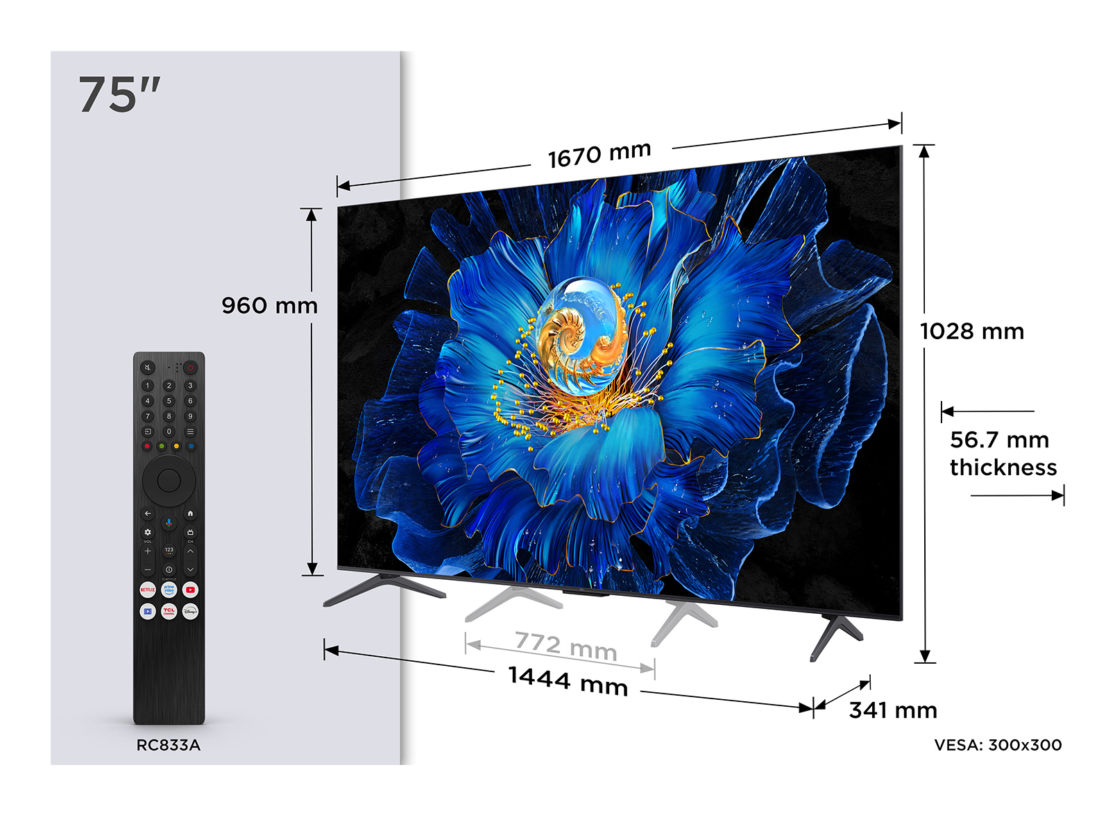 Un televisore da 75" con un motivo floreale blu. Vengono mostrati un telecomando e le dimensioni. Lo schermo mostra un fiore.