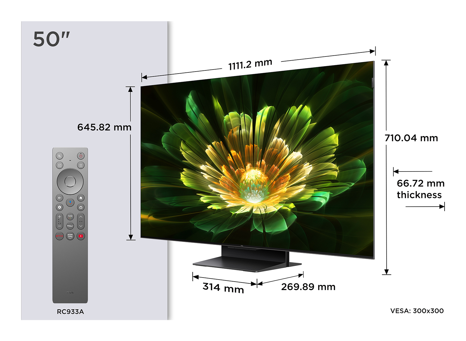 50-calowy telewizor wyświetla zielono-żółty wzór kwiatowy. Wymiary podano w mm. Pilot zdalnego sterowania po lewej.