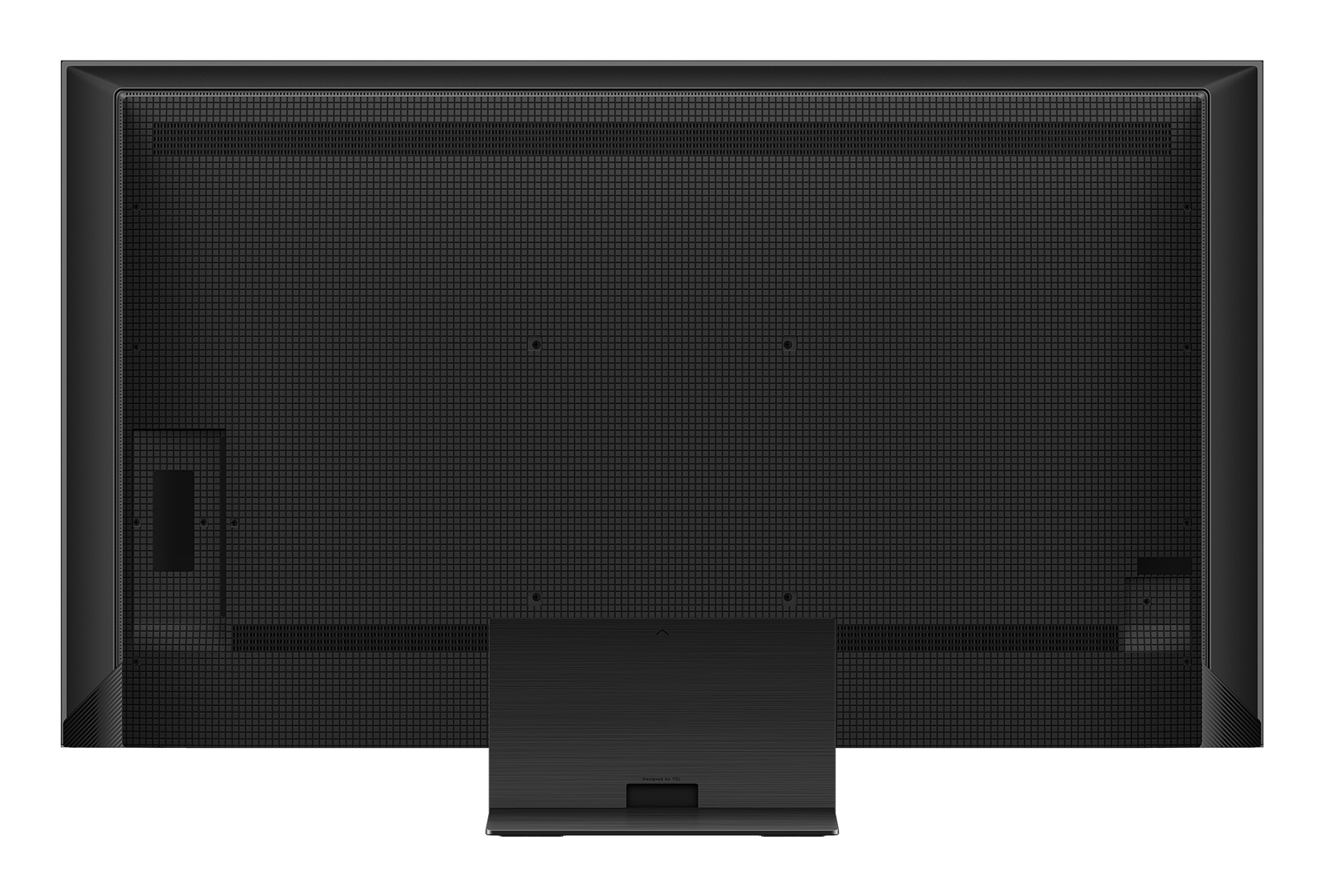 Tył dużego, czarnego telewizora z płaskim ekranem i teksturowaną powierzchnią. Prostokątna podstawka na dole, z napisem 'Designed by VCC'.