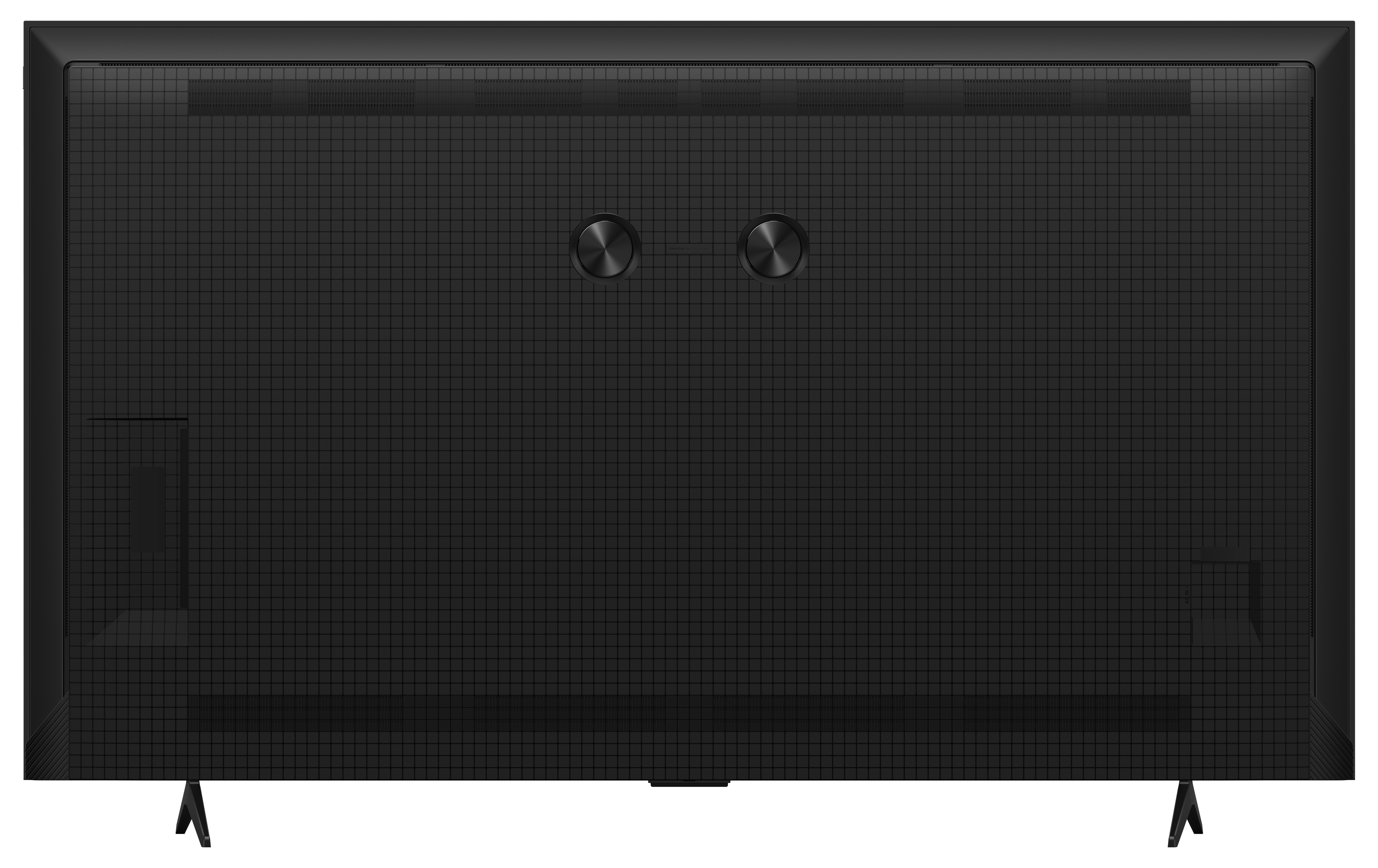 La parte trasera de un televisor negro con superficie texturizada, dos botones circulares y dos patas negras.