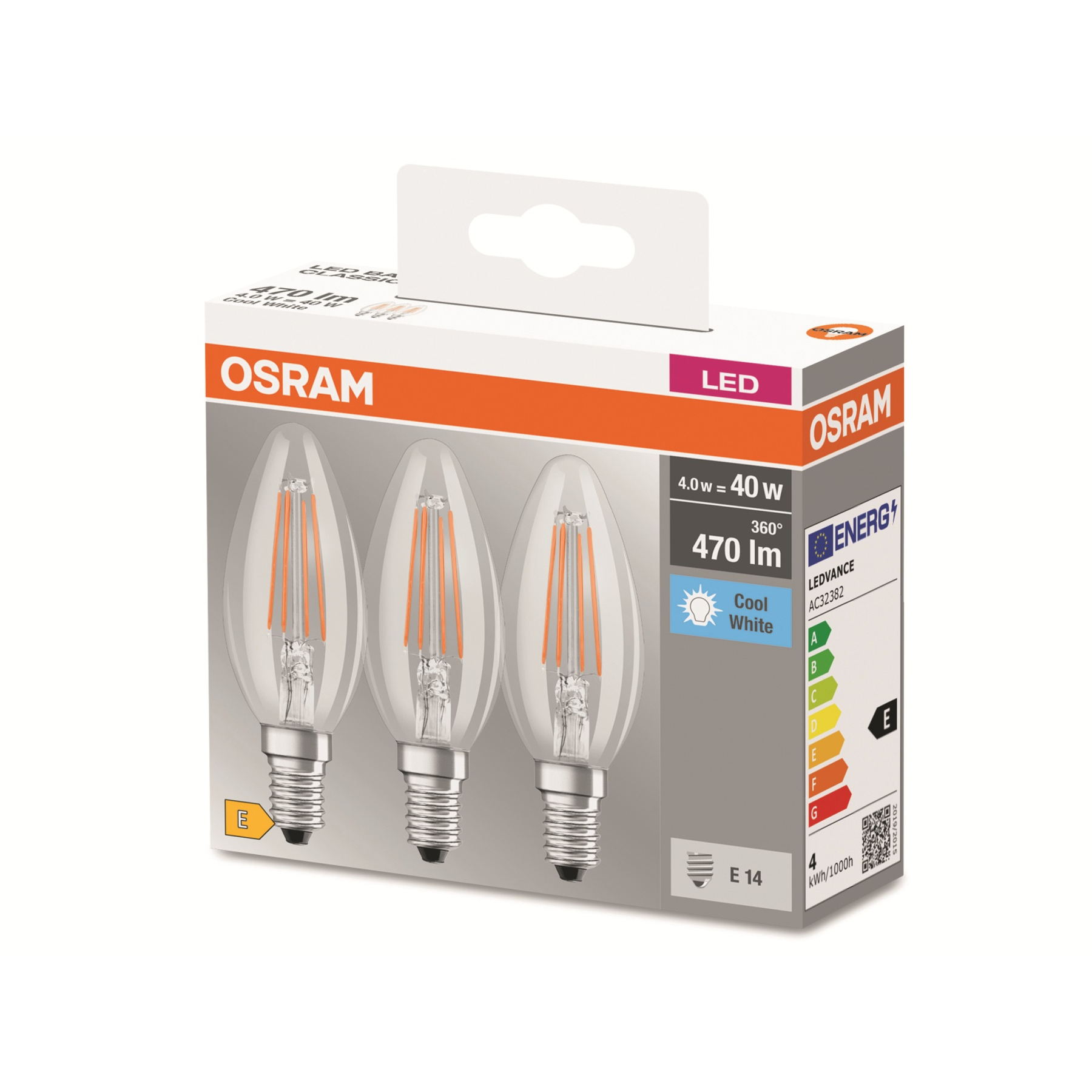 Scatola di lampadine a LED Osram. Sono visibili tre lampadine. La confezione indica 4,0w=40w, 470lm, bianco freddo e classe energetica E.