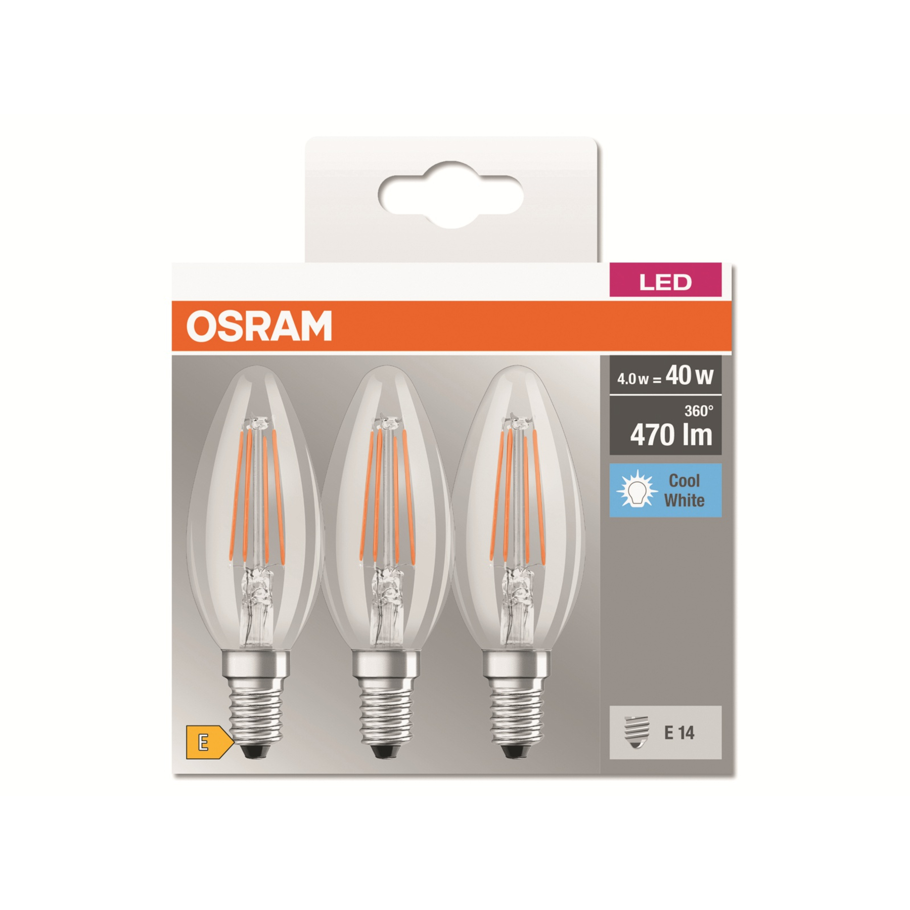 Lampadine LED OSRAM nella confezione. Tre lampadine trasparenti a goccia con filamenti arancioni visibili.