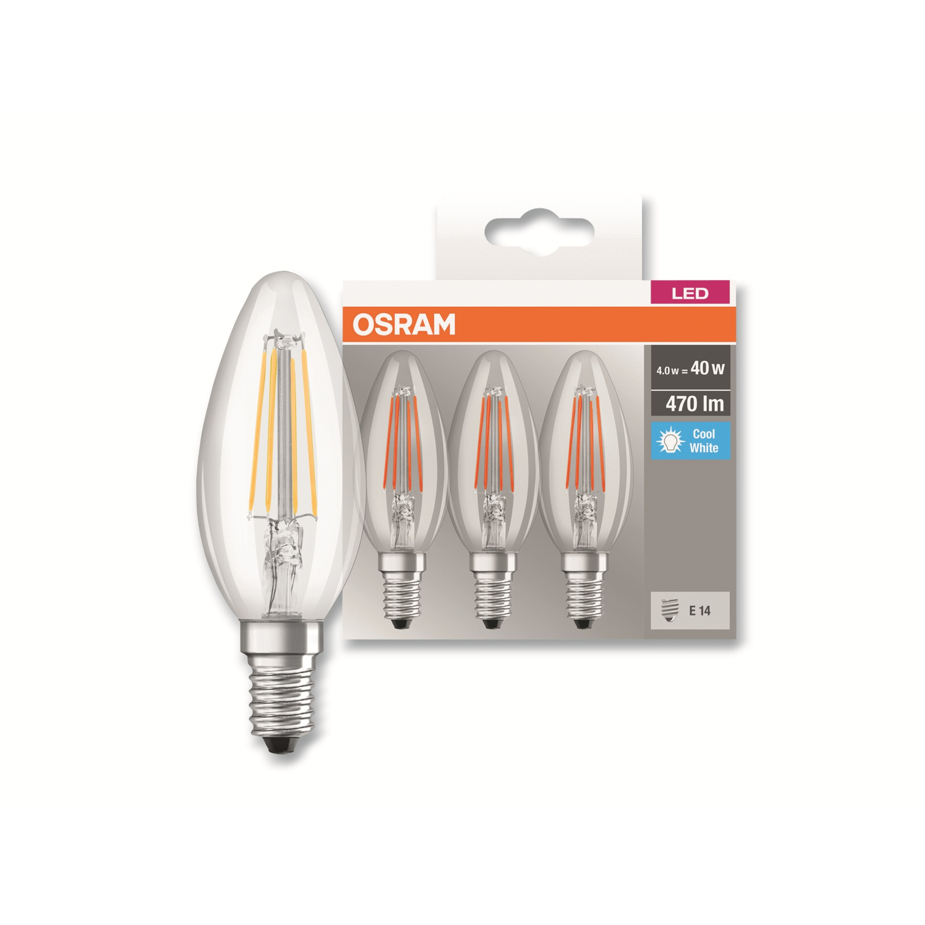 Una confezione di quattro lampadine LED Osram. Una lampadina è fuori dalla confezione. La confezione mostra specifiche come 4,0 W=40 W, 470 lm e bianco freddo.