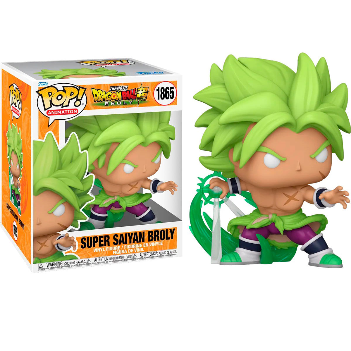 Una figura de Super Saiyan Broly está junto a su caja. La figura tiene cabello verde puntiagudo, complexión musculosa y atuendo verde y morado.