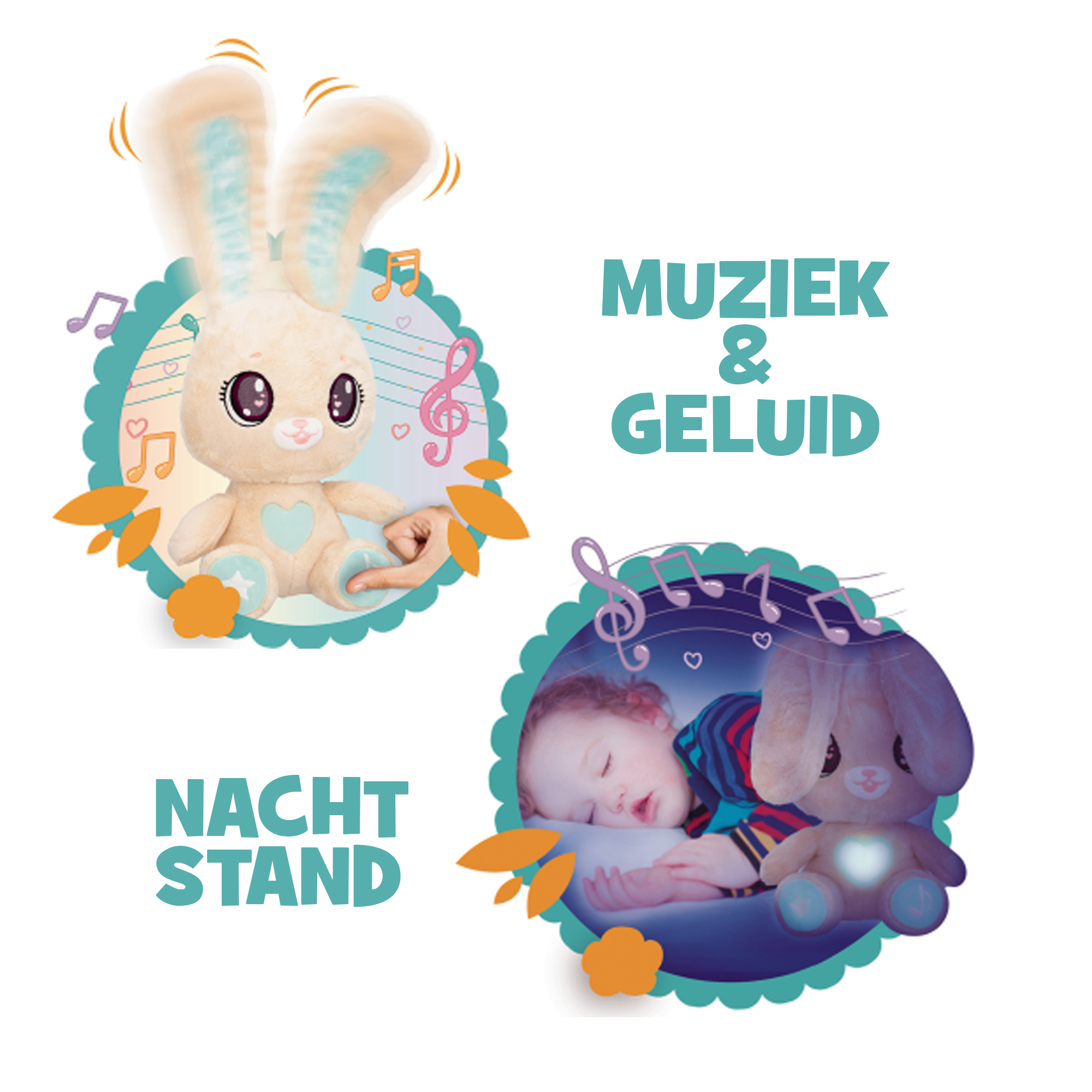 Obraz z zabawką w kształcie królika i śpiącym dzieckiem. Tekst: Muzyka i dźwięk, tryb nocny. Nuty i serca wokół królika.