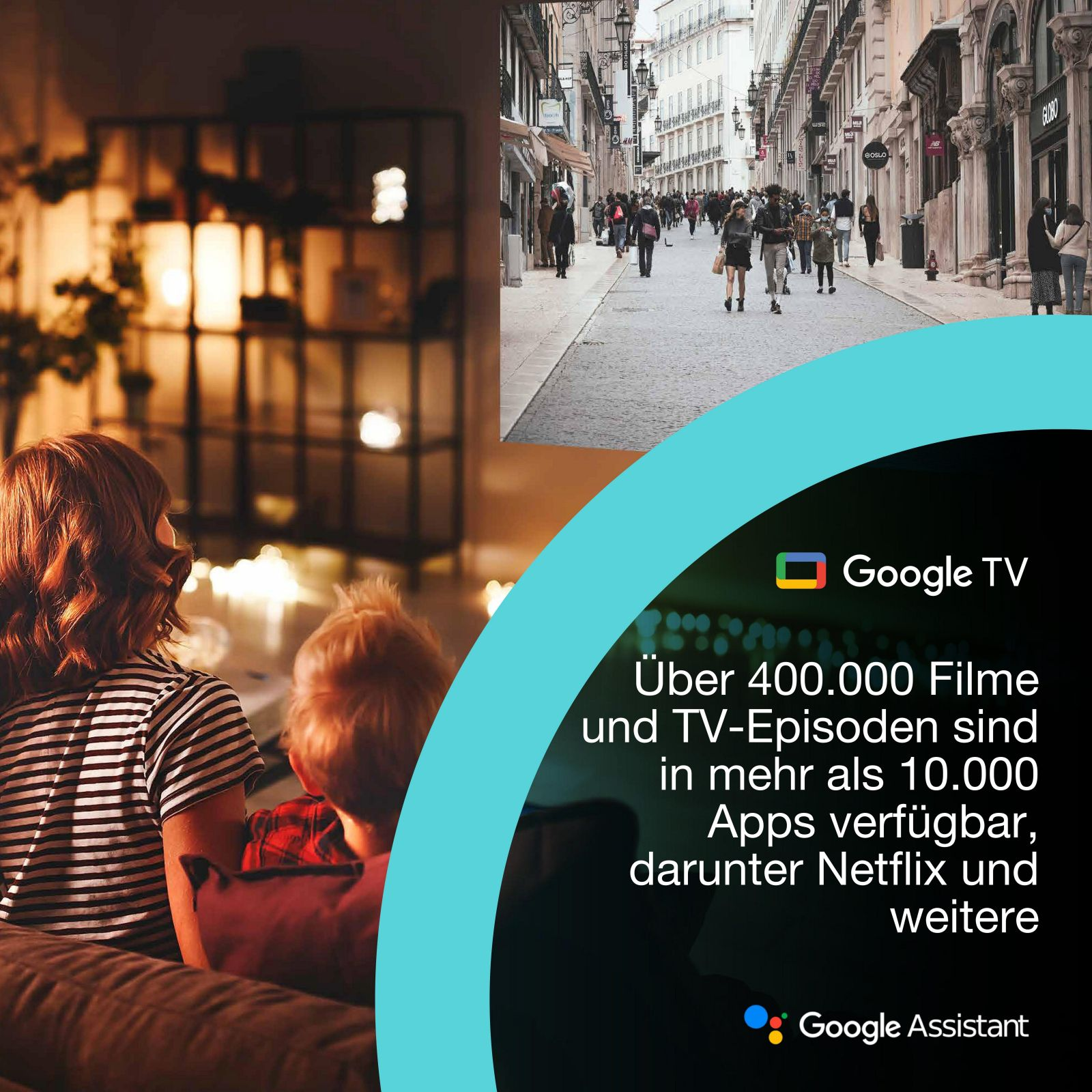 Una mujer y un niño miran una pantalla. A la derecha hay una escena callejera y abajo un anuncio de Google TV.
