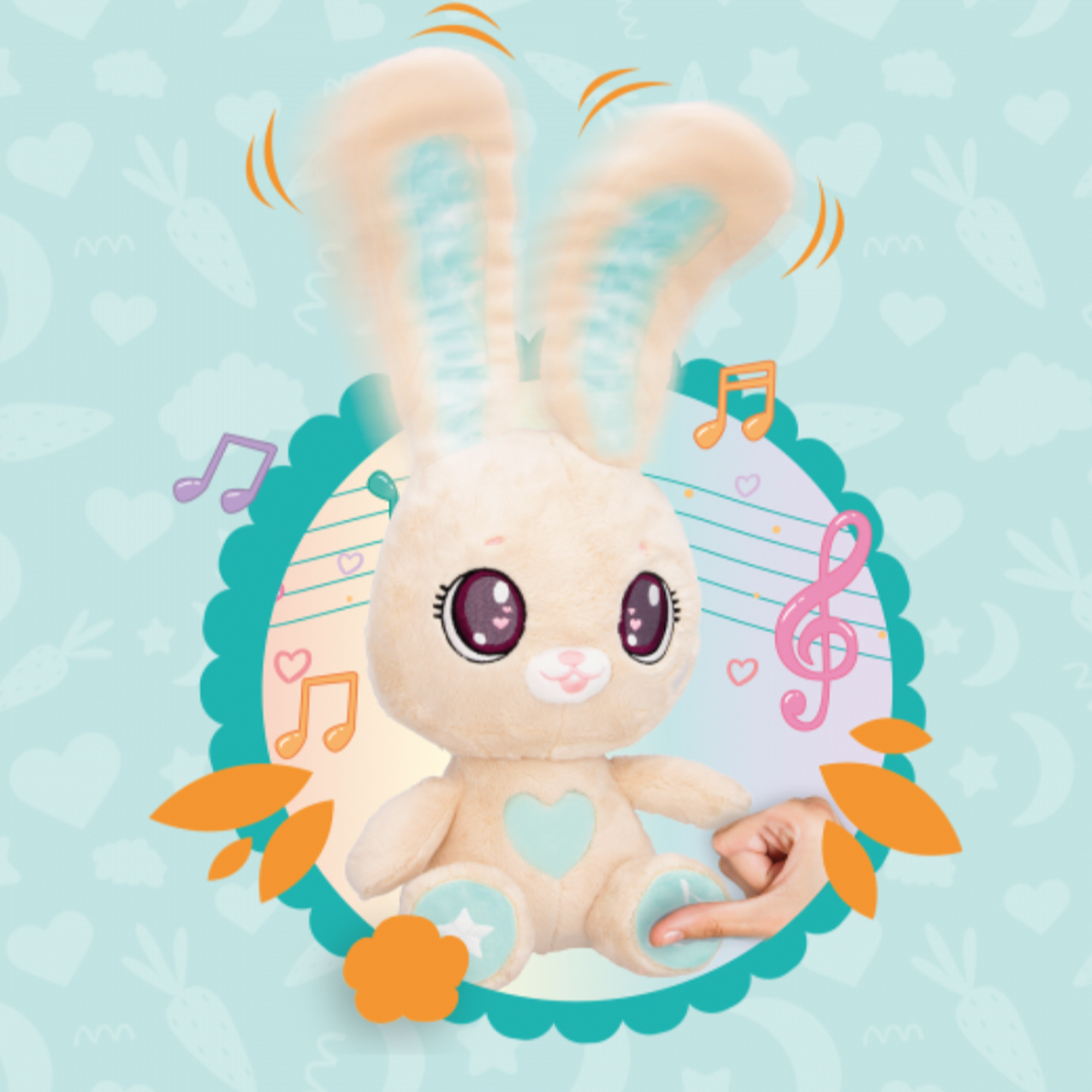 Pluszowy królik z niebieskimi akcentami i nutami. Ręka dotyka jego stopy. Pastelowe tło z sercami i marchewkami.