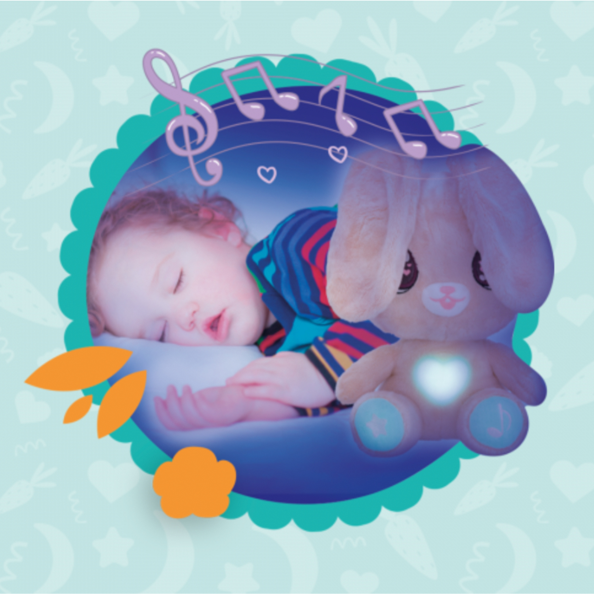 Śpiące dziecko obok pluszowego królika. Nutki unoszą się nad nim. Tło ma księżyce, marchewki i gwiazdy.