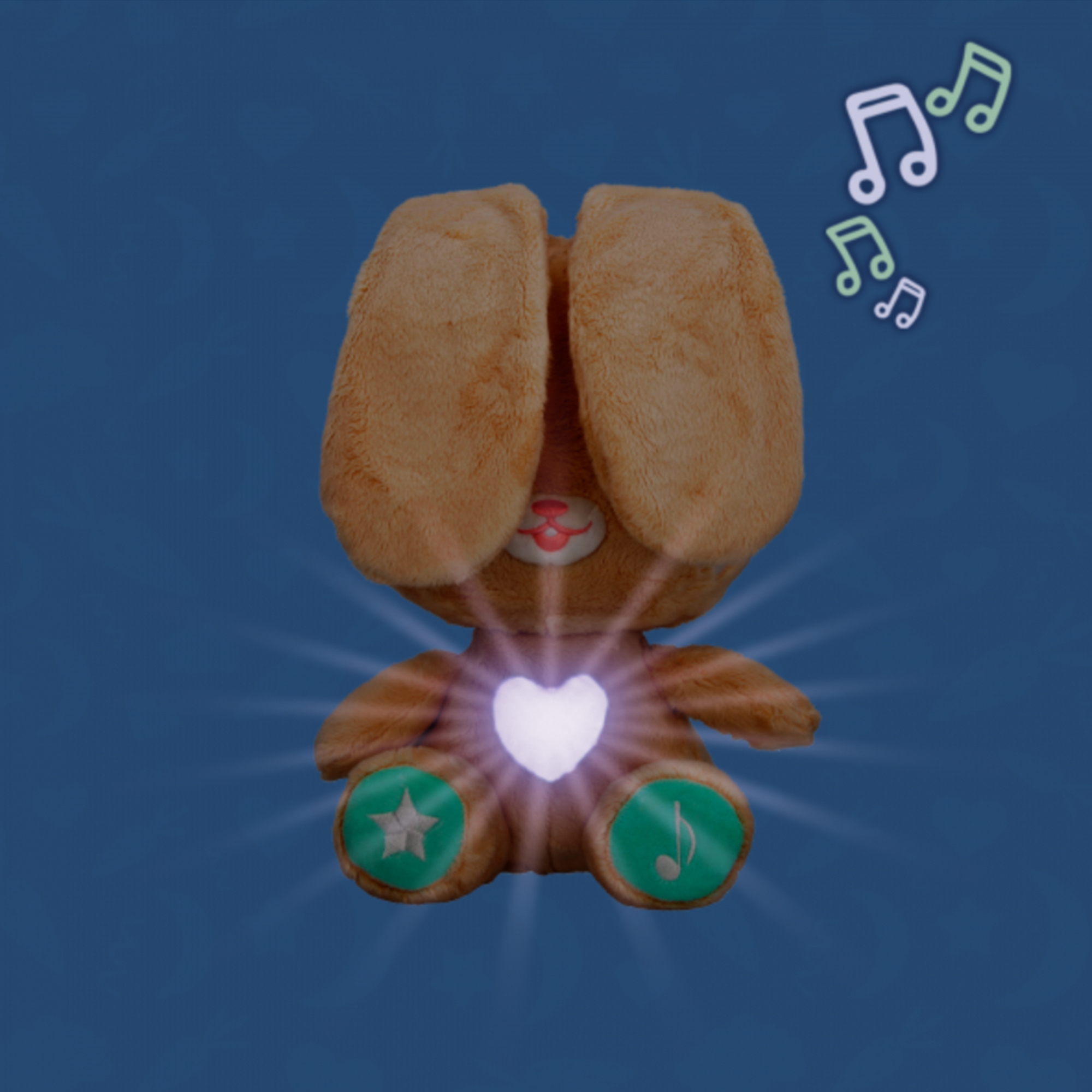 Brązowa pluszowa zabawka w kształcie królika ze świecącym sercem i nutami na niebieskim tle.