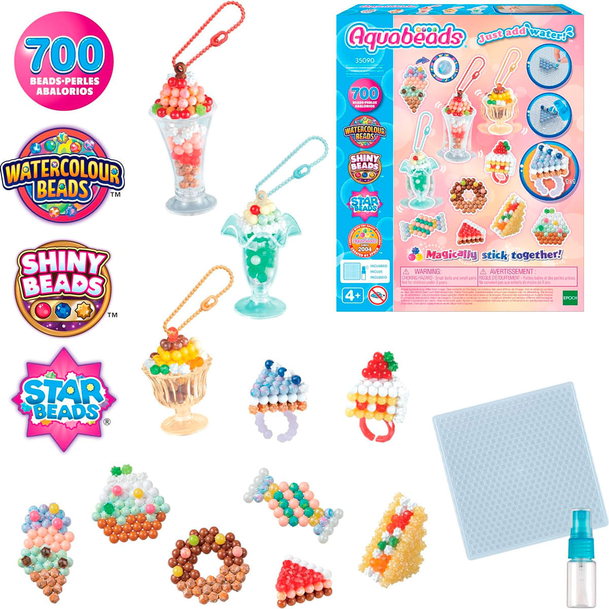 Zestaw Aquabeads z kreacjami z koralików: lody, słodycze i deska ze spryskiwaczem. Widoczne logo.