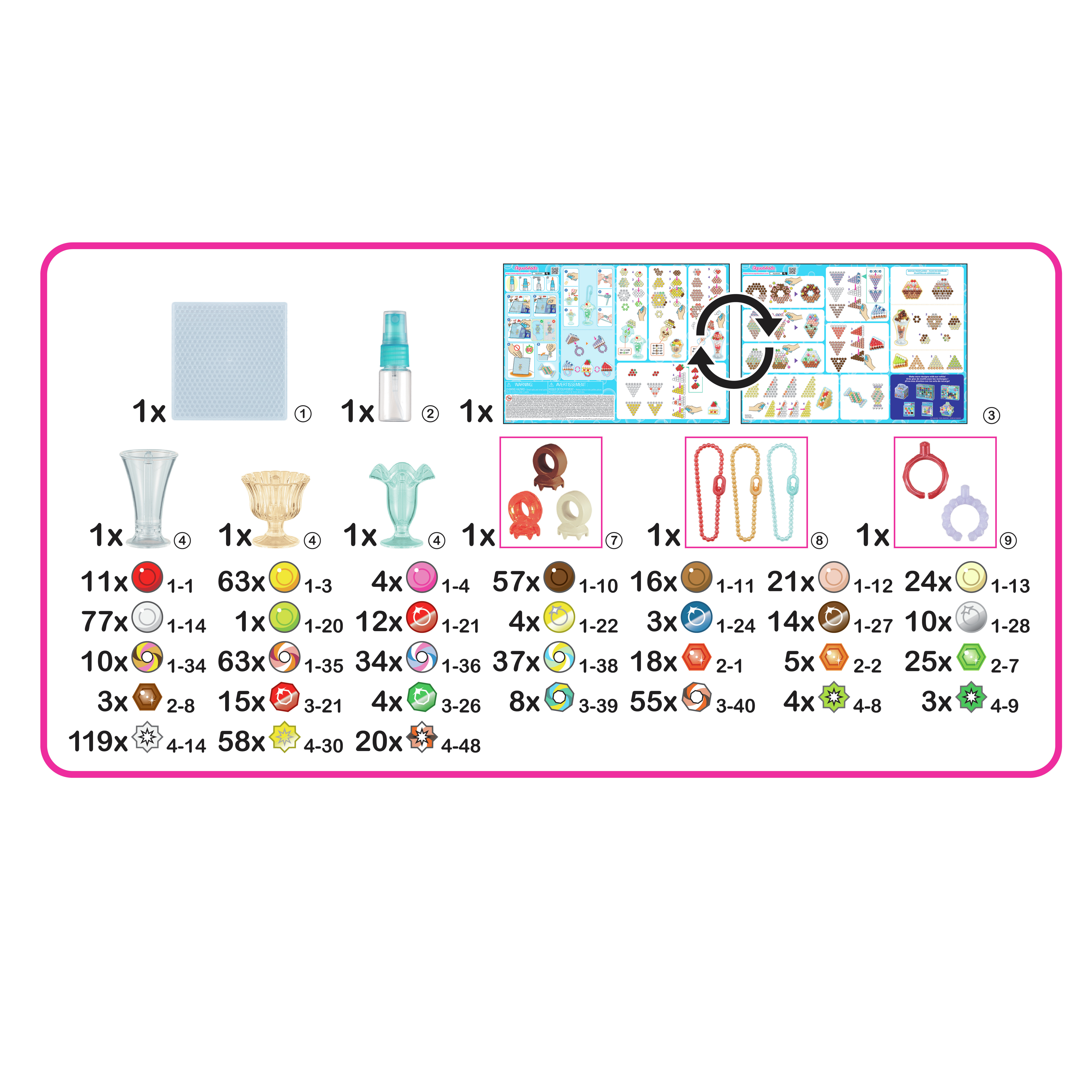 Obraz przedstawia materiały rzemieślnicze: szablony, butelkę z rozpylaczem, wazony, koraliki i instrukcje.